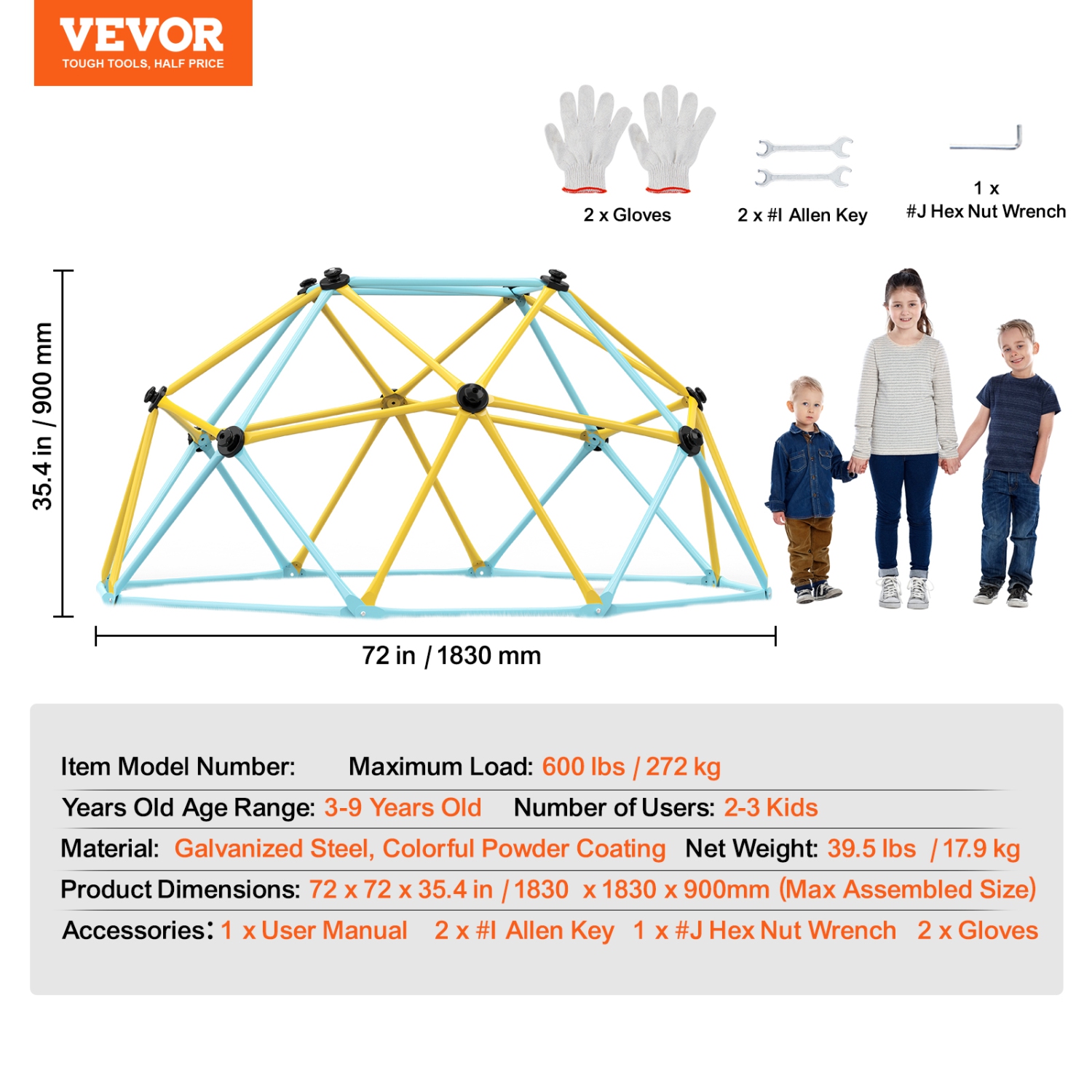 VEVOR Climbing Dome, Jungle Gym Supports 600LBS, 6FT Geometric Dome Climber Play Center for Kids 3 to 9 Years Old, with Climbing Grip, Outdoor and