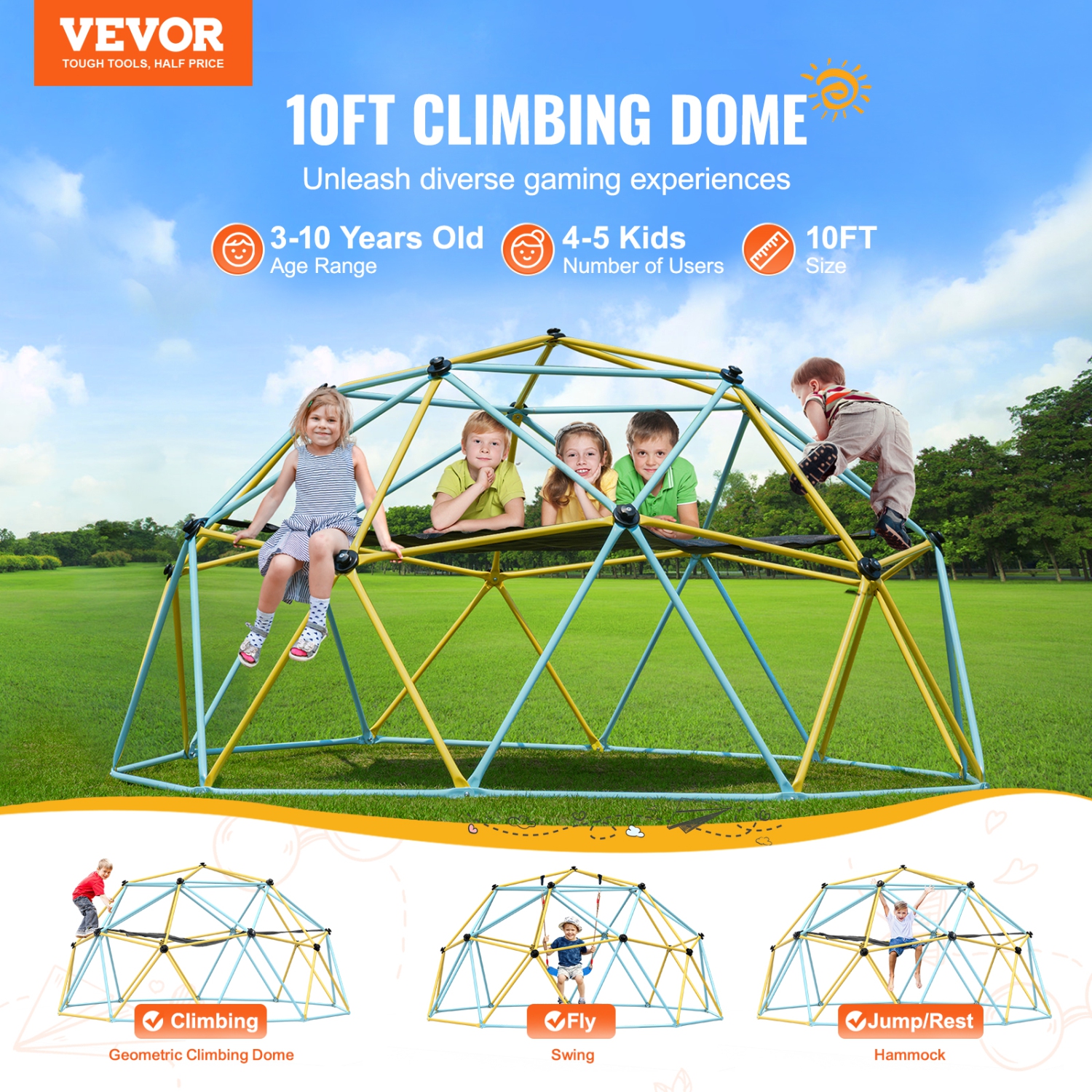 Dôme d'escalade VEVOR, pour enfants de 3 à 10 ans, dôme d'escalade géométrique de 10 pi avec hamac et balançoire, Jungle Gym supporte 750 lb, avec