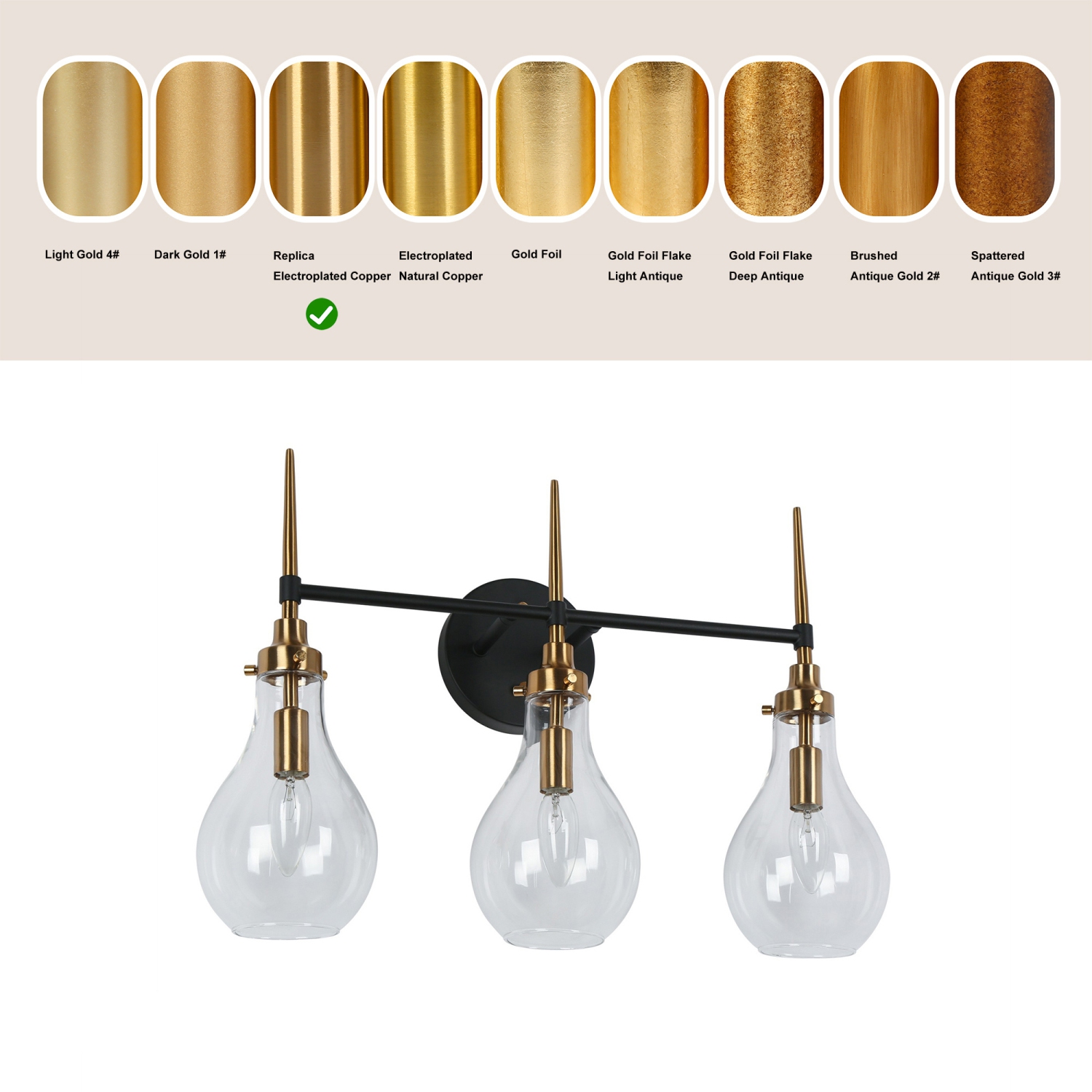 Applique de salle de bain moderne/contemporaine Uolfin, 21,6-en-3, noir poli et or brasa avec abat-jour en verre transparent en forme de goutte