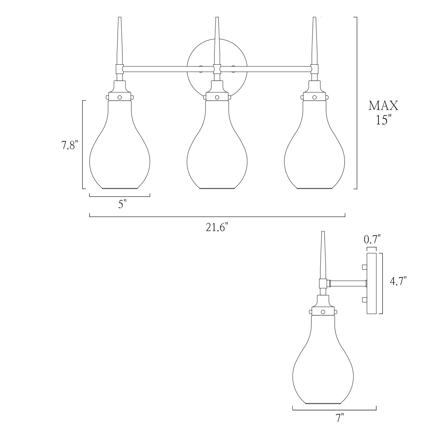 Applique de salle de bain moderne/contemporaine Uolfin, 21,6-en-3, noir poli et or brasa avec abat-jour en verre transparent en forme de goutte