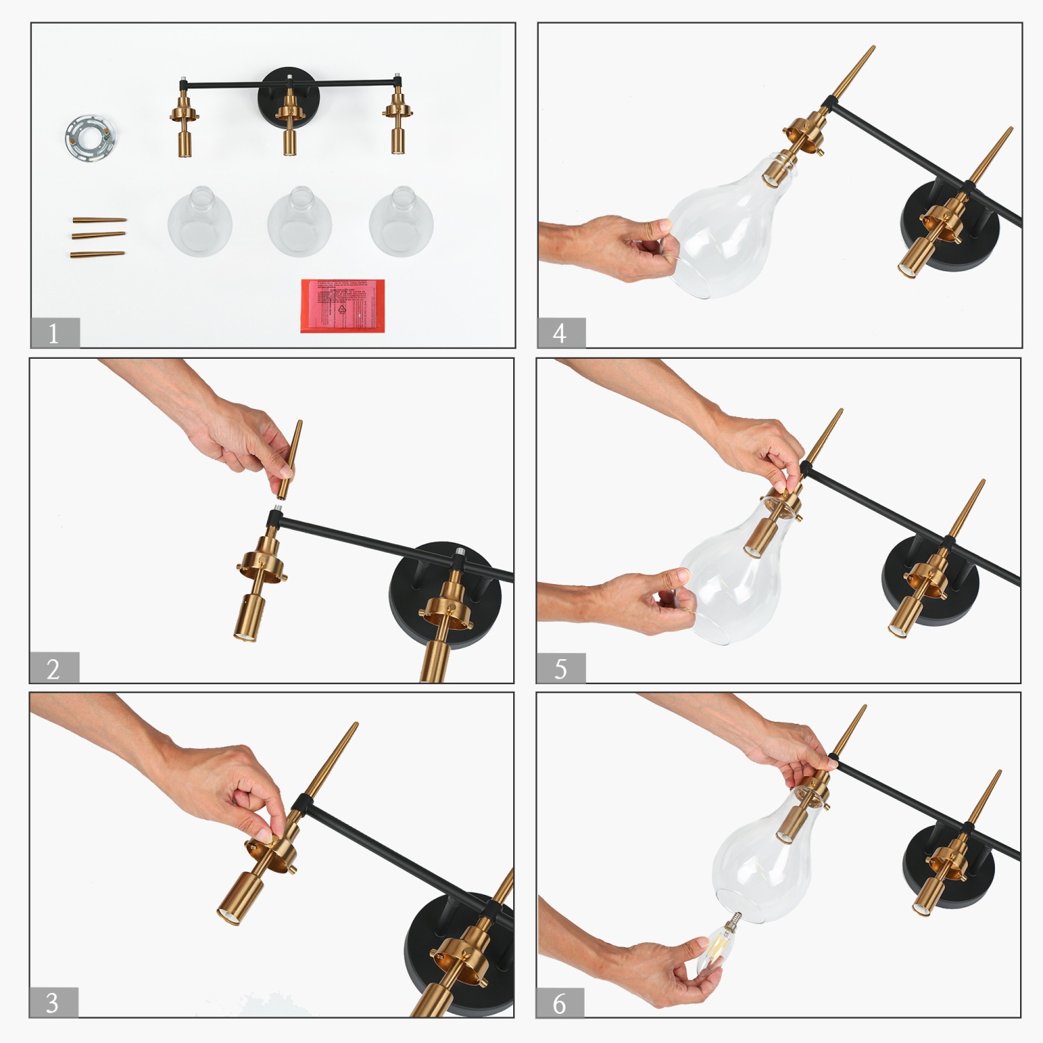 Applique de salle de bain moderne/contemporaine Uolfin, 21,6-en-3, noir poli et or brasa avec abat-jour en verre transparent en forme de goutte