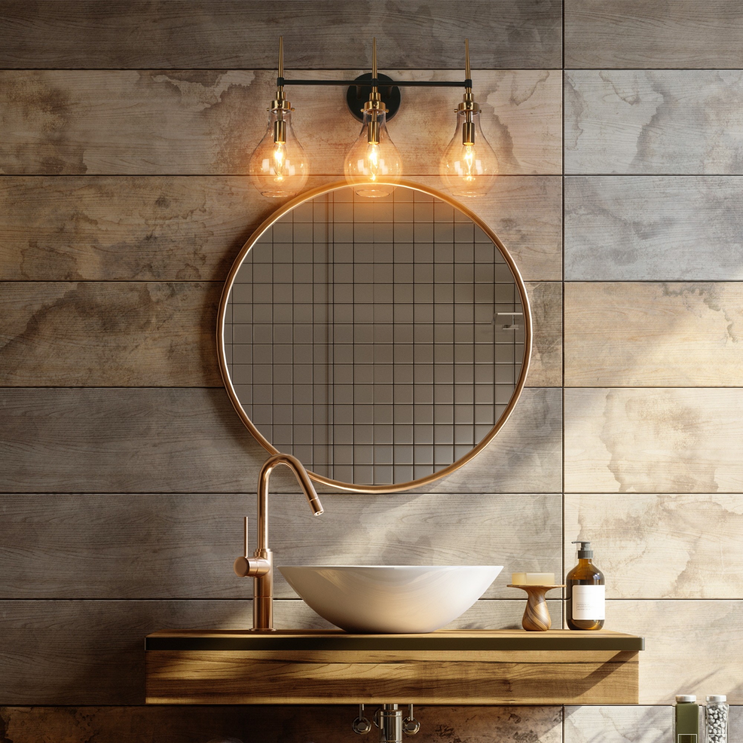 Applique de salle de bain moderne/contemporaine Uolfin, 21,6-en-3, noir poli et or brasa avec abat-jour en verre transparent en forme de goutte