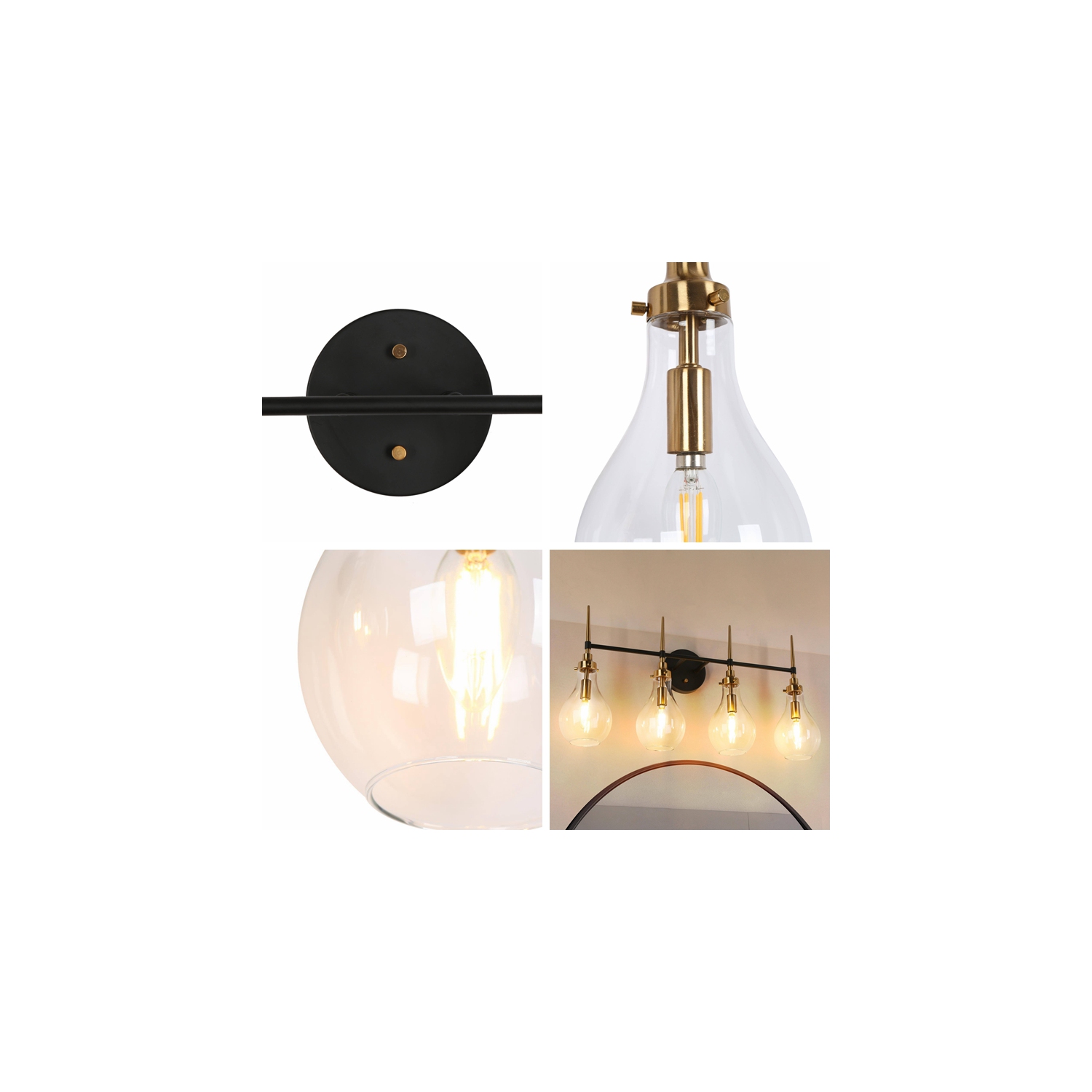 Lampe de salle de bain moderne/contemporaine Uolfin,,-en-, noir et laiton doré avec abat-jour en forme de goutte transparent, 28,3-en-4