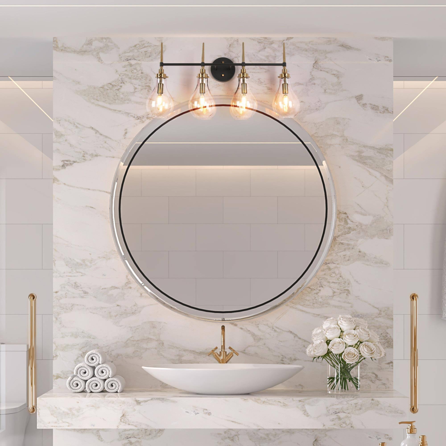 Lampe de salle de bain moderne/contemporaine Uolfin,,-en-, noir et laiton doré avec abat-jour en forme de goutte transparent, 28,3-en-4