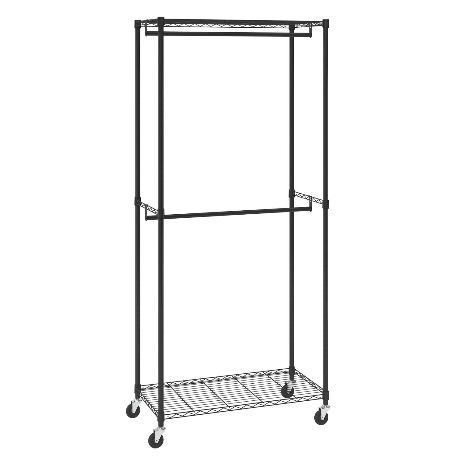 VEVOR 1'' Diameter Heavy Duty Clothes Rack, Double Hanging Rods Clothing Garment Rack with Bottom and Top Storage Tier, Rolling Clothing Rack for