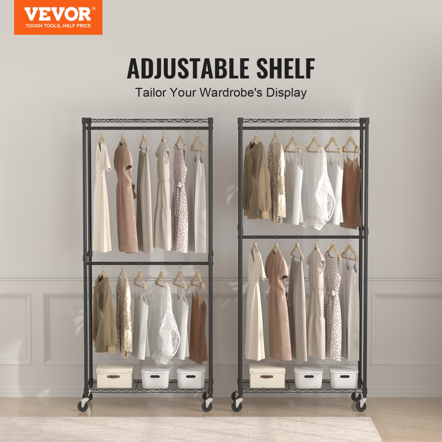 VEVOR 1'' Diameter Heavy Duty Clothes Rack, Double Hanging Rods Clothing Garment Rack with Bottom and Top Storage Tier, Rolling Clothing Rack for