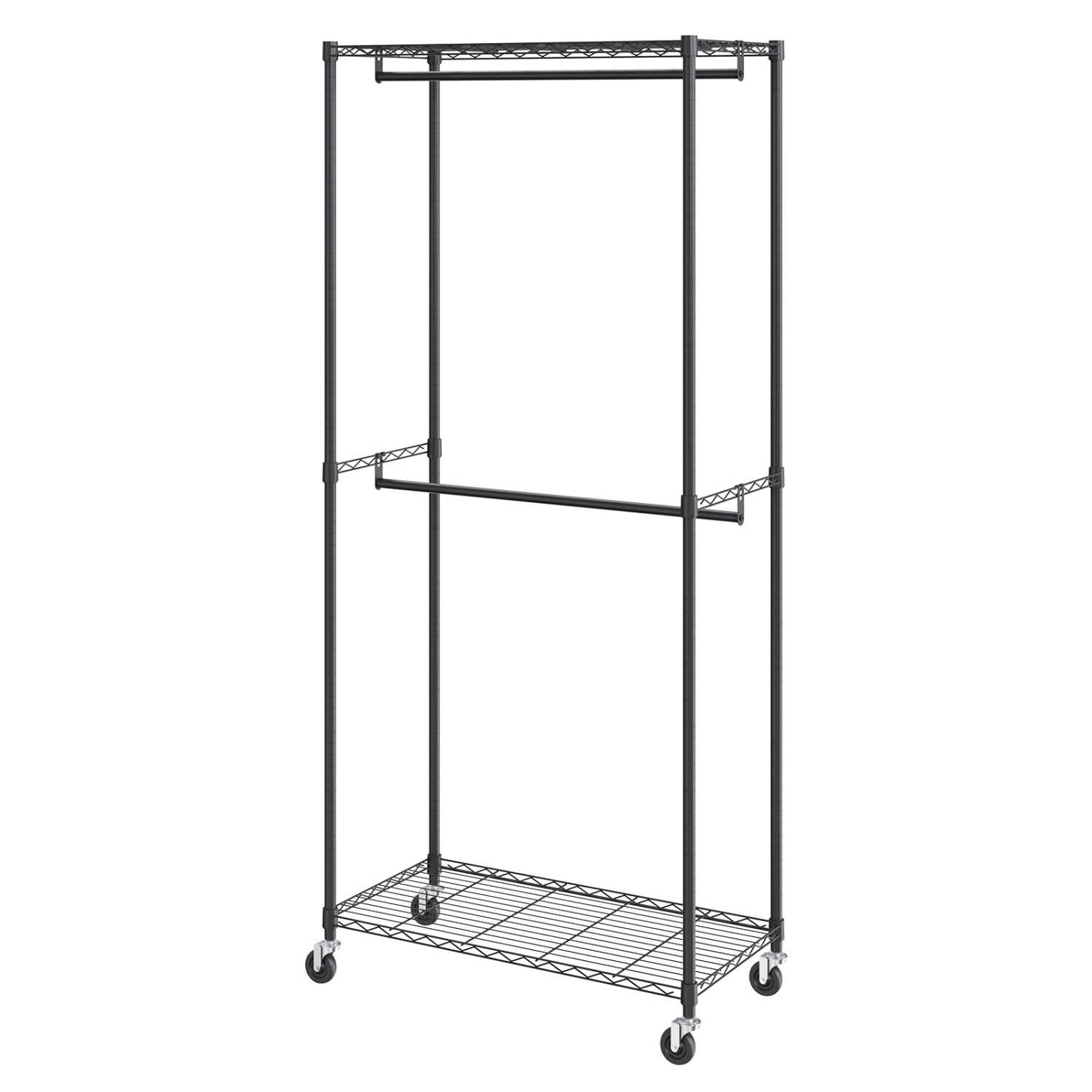 VEVOR 1'' Diameter Heavy Duty Clothes Rack, Double Hanging Rods Clothing Garment Rack with Bottom and Top Storage Tier, Rolling Clothing Rack for