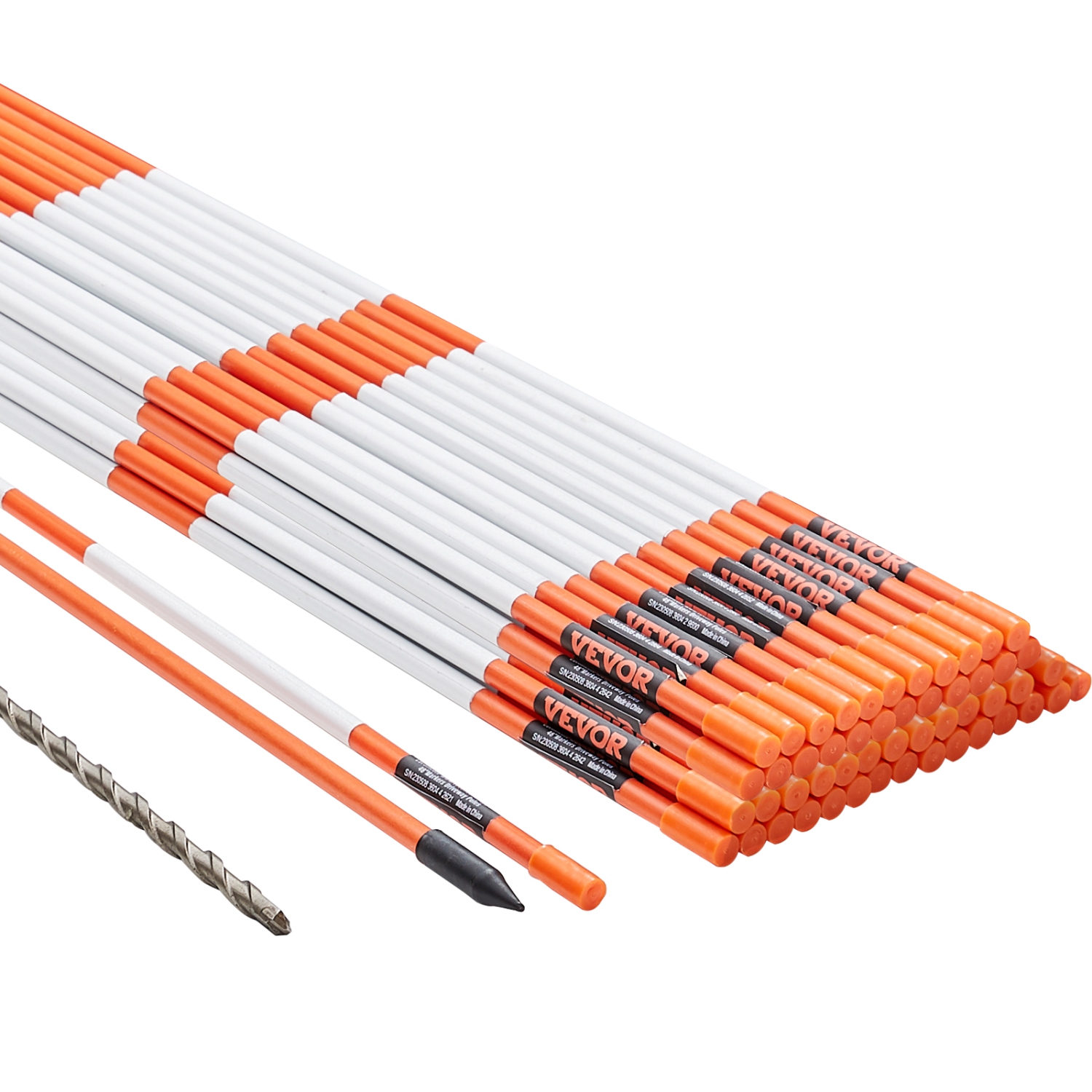 VEVOR 50 PCS 48 inch Driveway Markers, 0.31 inch Diameter, Orange Fiberglass Poles Snow Stakes with Reflective Tape, 12" Steel Drill Bit & Protection