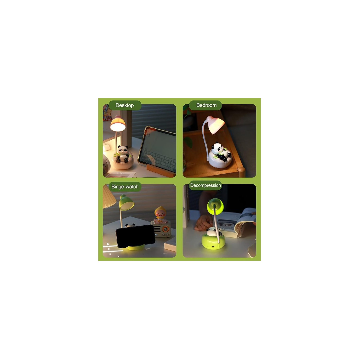 Desk Lamp for Kids Panda Night Light LED Desk Lamp USB Rechargeable Reading Lamp with Drawer Dimmable Panda Table Lamp for Kids' Room Bedroom Green