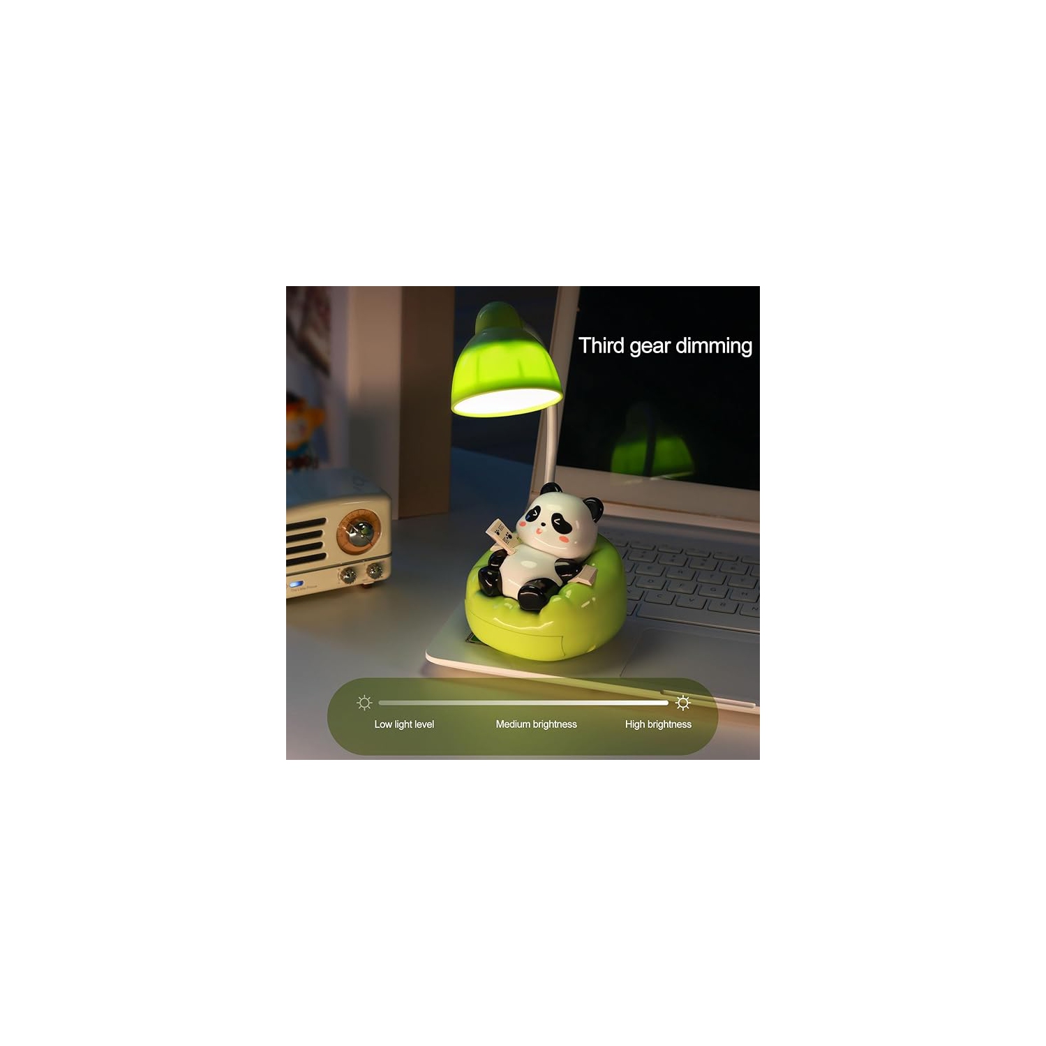 Desk Lamp for Kids Panda Night Light LED Desk Lamp USB Rechargeable Reading Lamp with Drawer Dimmable Panda Table Lamp for Kids' Room Bedroom Green