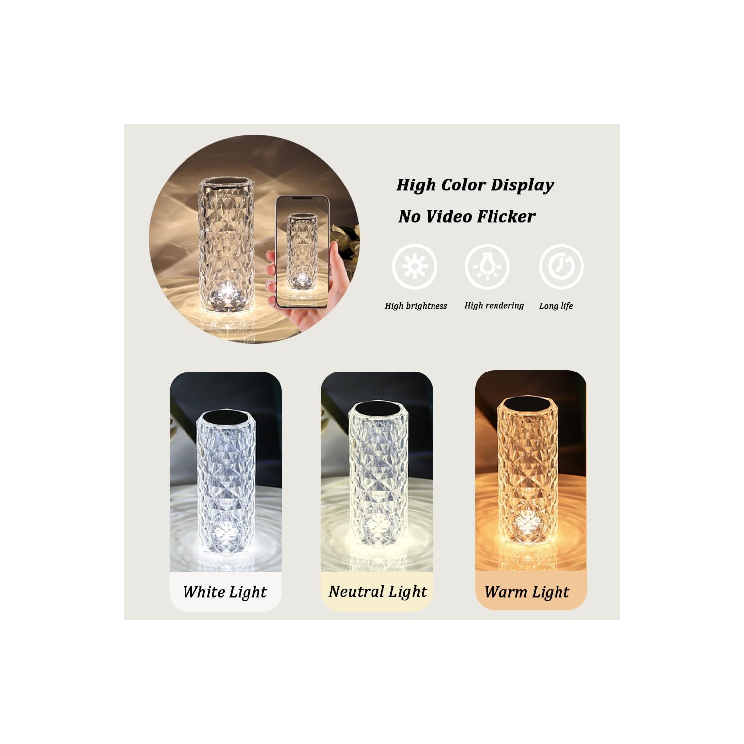 Portable Crystal Table Lamp,3 Color Touch Control Rechargeable Lamp,Crystal Bedside Lamp,Night Light,Room Decor Desk Lamp