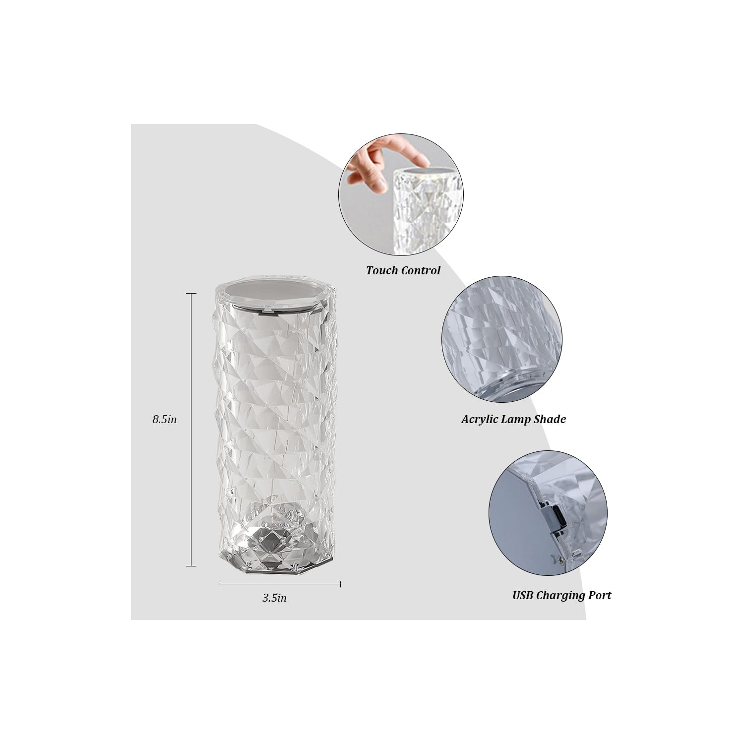 Portable Crystal Table Lamp,3 Color Touch Control Rechargeable Lamp,Crystal Bedside Lamp,Night Light,Room Decor Desk Lamp