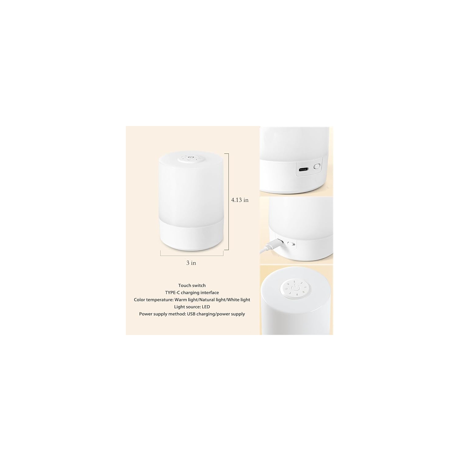 Lampe de table Touch,Lampe de table à gradateur changeante,Veilleuse pour enfants,Lampe LED 3 couleurs avec lumières blanc chaud, Rechargeable par USB