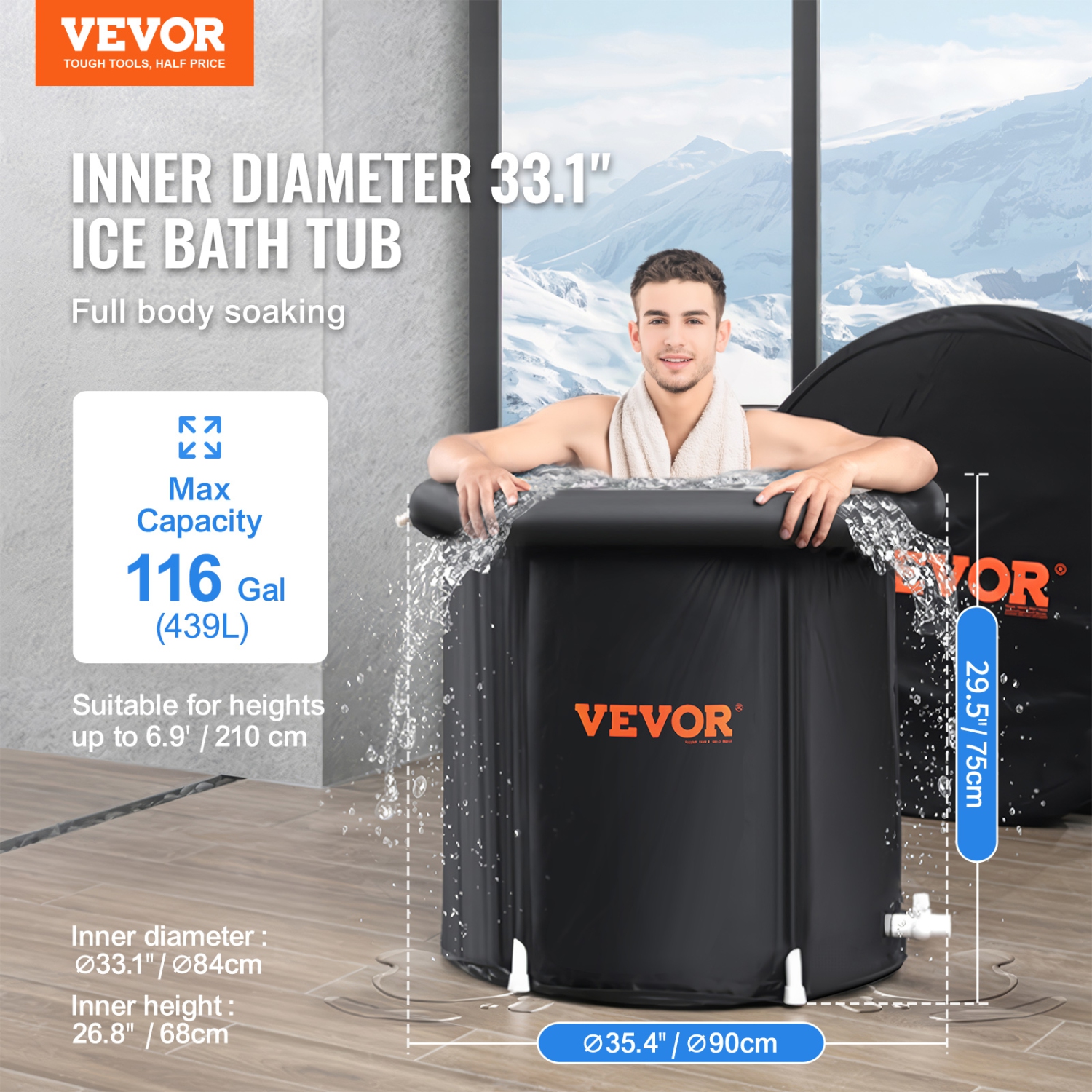 VEVOR 35.4"Lx30"H Ice Bath Tub, Cold Water Therapy Plunge Tub for Athlete, Portable Outdoor Ice Barrel Plunge Pool for Recovery, 98 Gal Inflatable