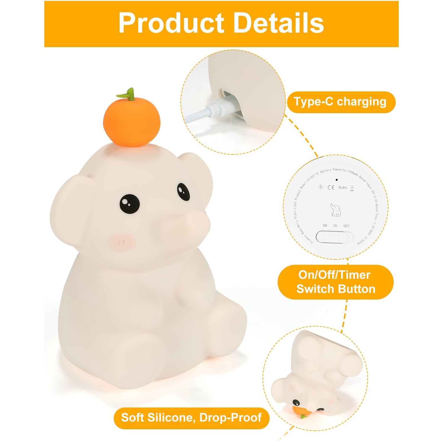 Veilleuse en forme d'éléphant de LED, lampe douce en forme d'éléphant pour chambre de bébé, lampes rechargeables à intensité réglable pour chambre à
