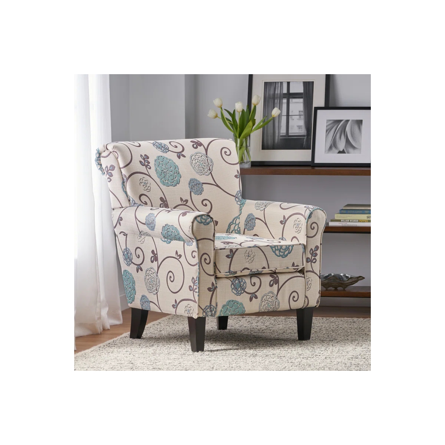 YOULIGHTS Fabric floral club chair, upholstered chair with curled arms and birch legs, blue flowers, for living rooms, small spaces