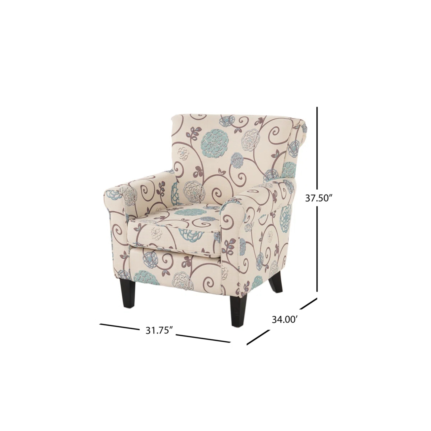 YOULIGHTS Fabric floral club chair, upholstered chair with curled arms and birch legs, blue flowers, for living rooms, small spaces