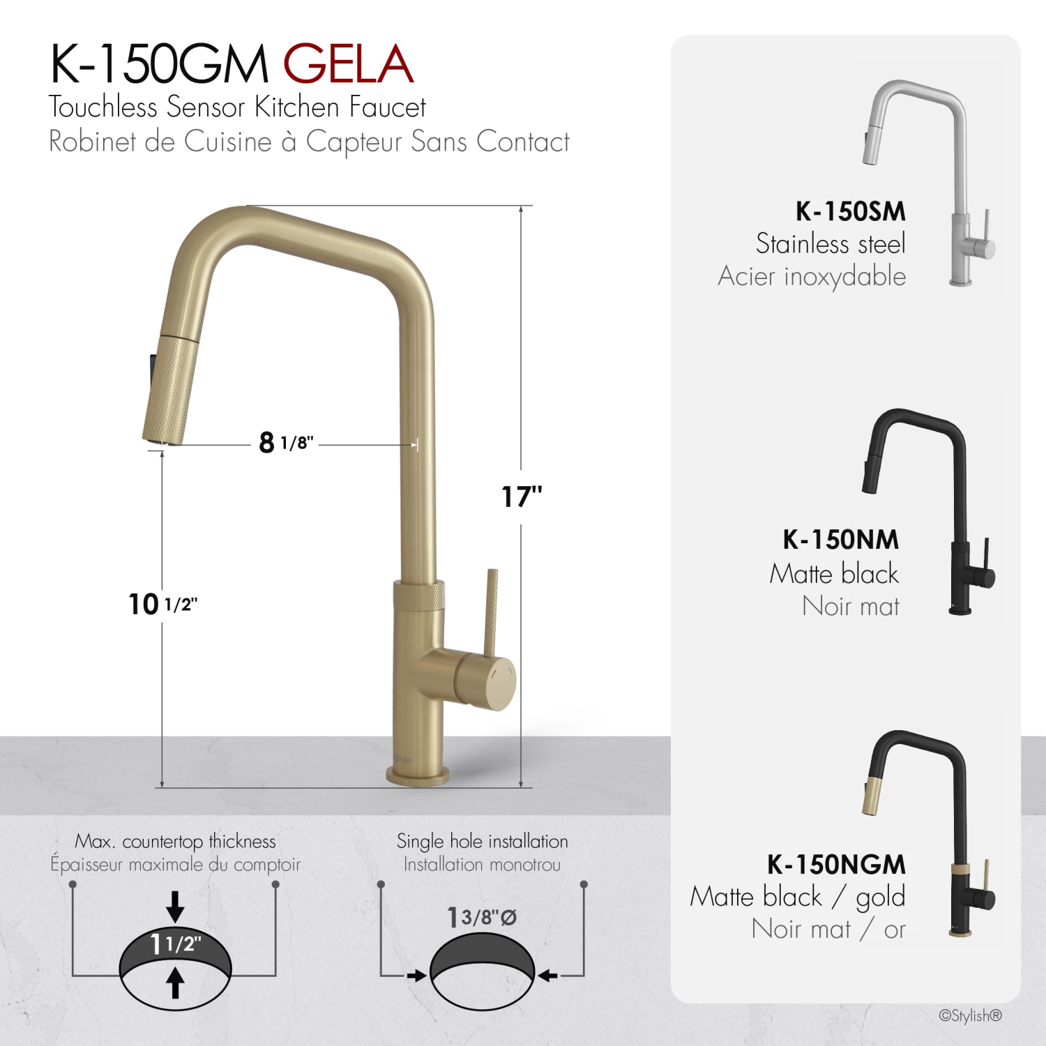 Single Handle Brushed Gold Pull Down Touchless Kitchen Faucet K-150GM