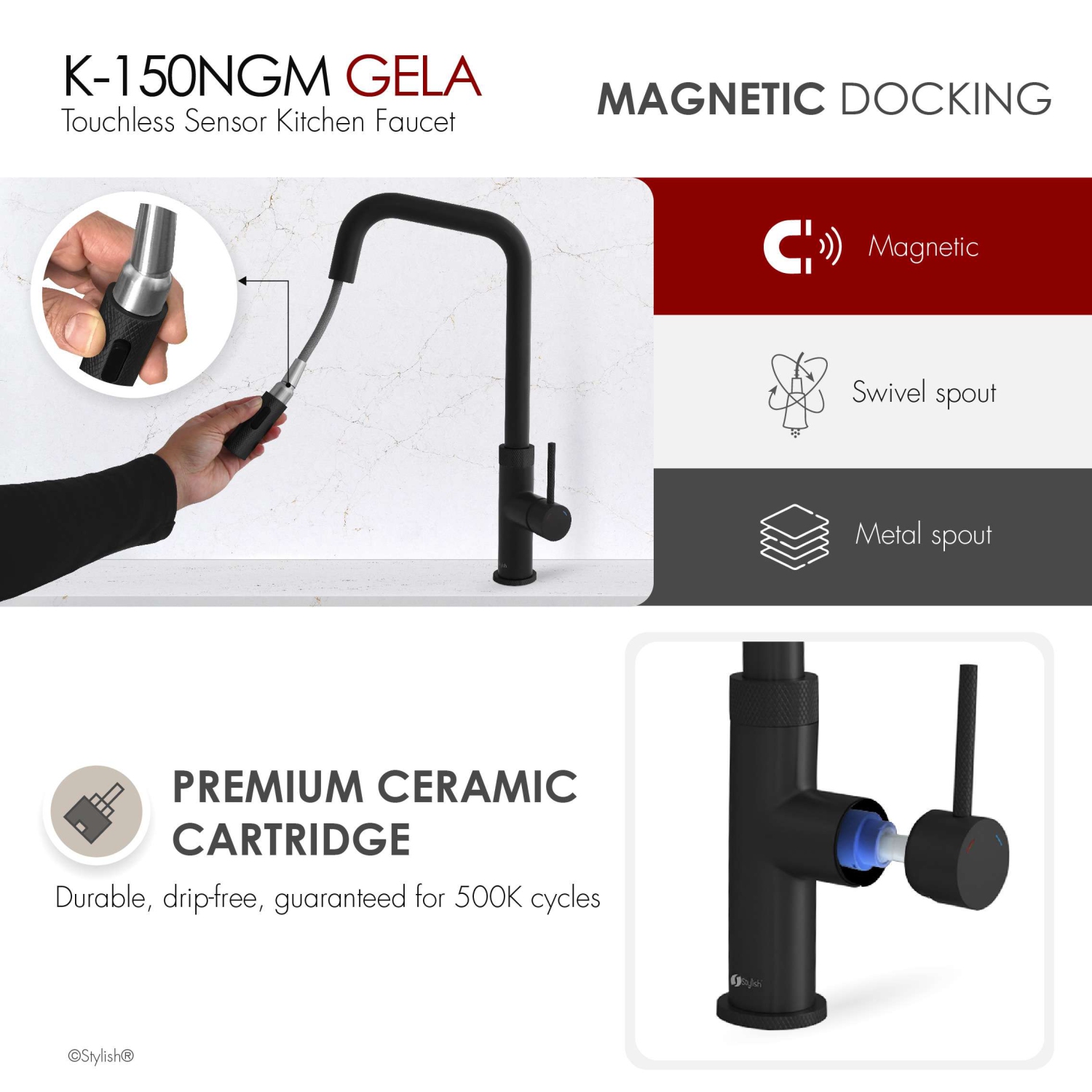 Single Handle Matte Black Pull Down Touchless Kitchen Faucet K-150NM