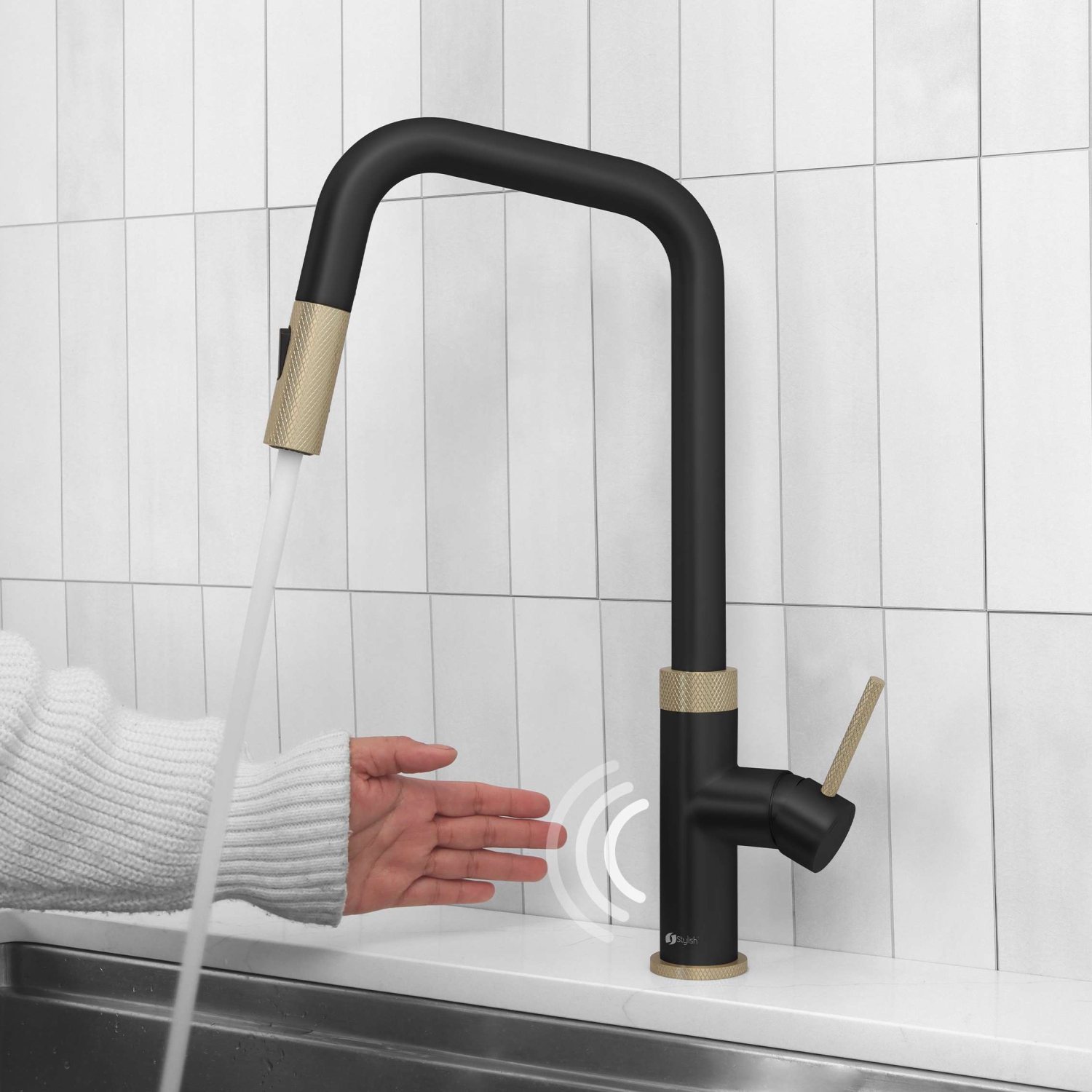 Single Handle Matte Black with Gold Pull Down Touchless Kitchen Faucet K-150NGM
