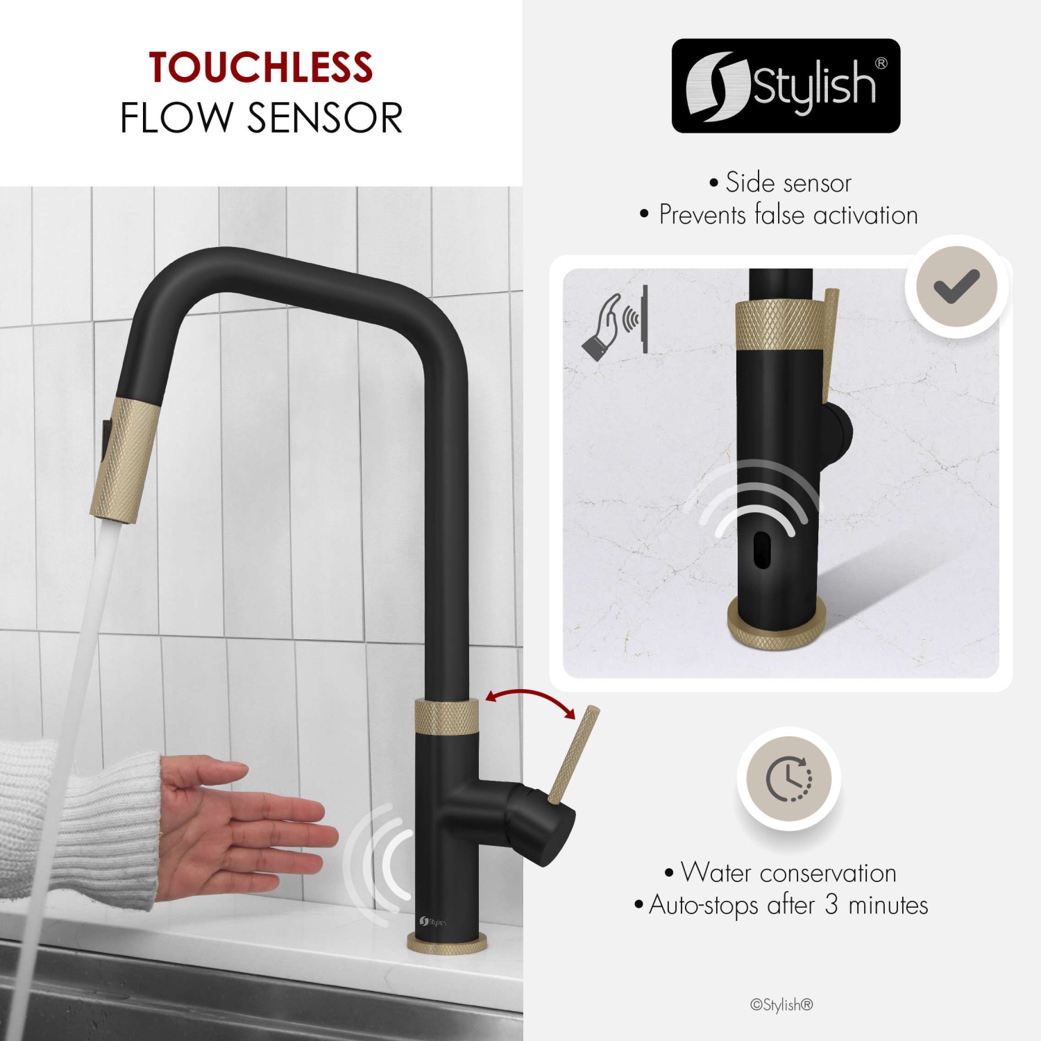 Single Handle Matte Black with Gold Pull Down Touchless Kitchen Faucet K-150NGM