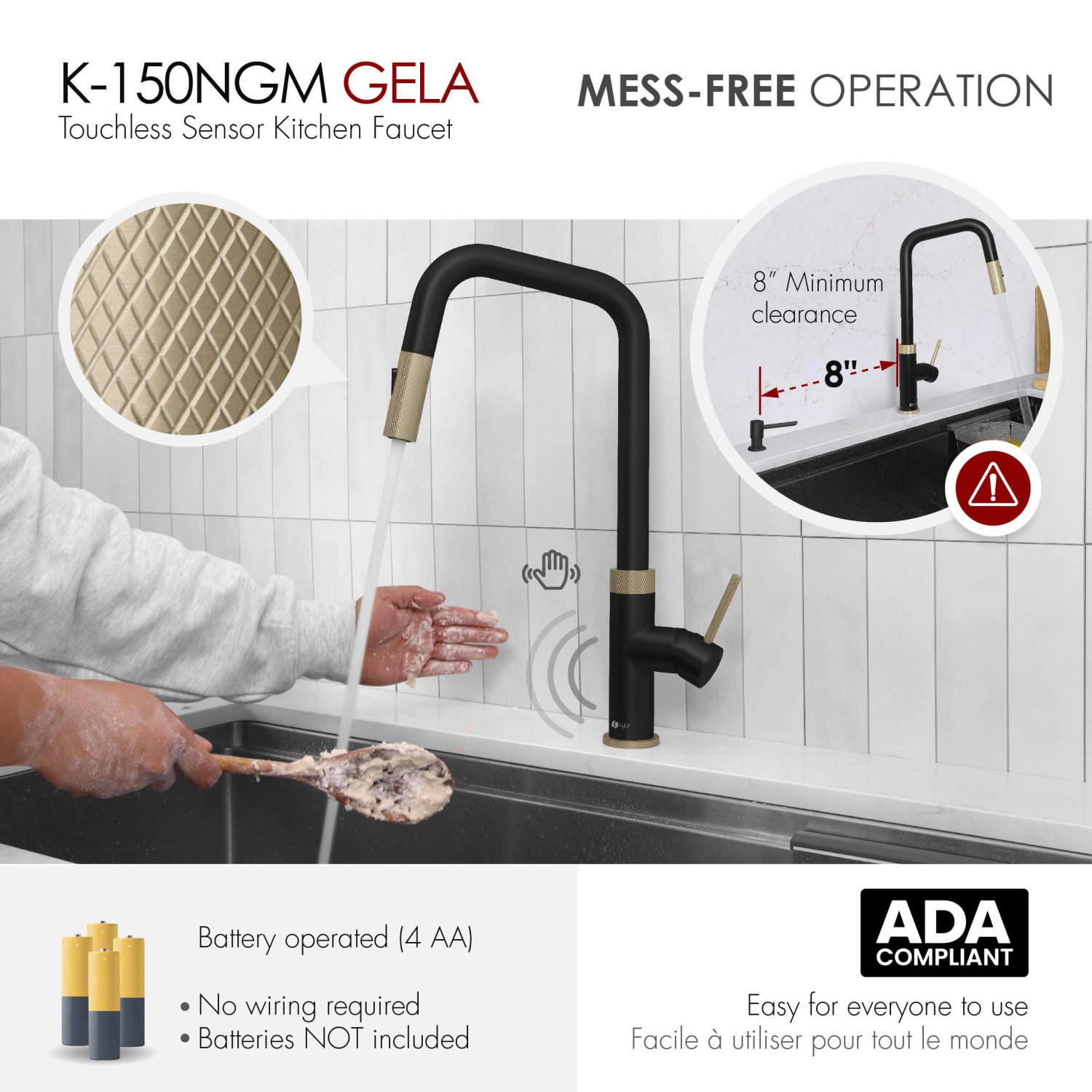 Single Handle Matte Black with Gold Pull Down Touchless Kitchen Faucet K-150NGM