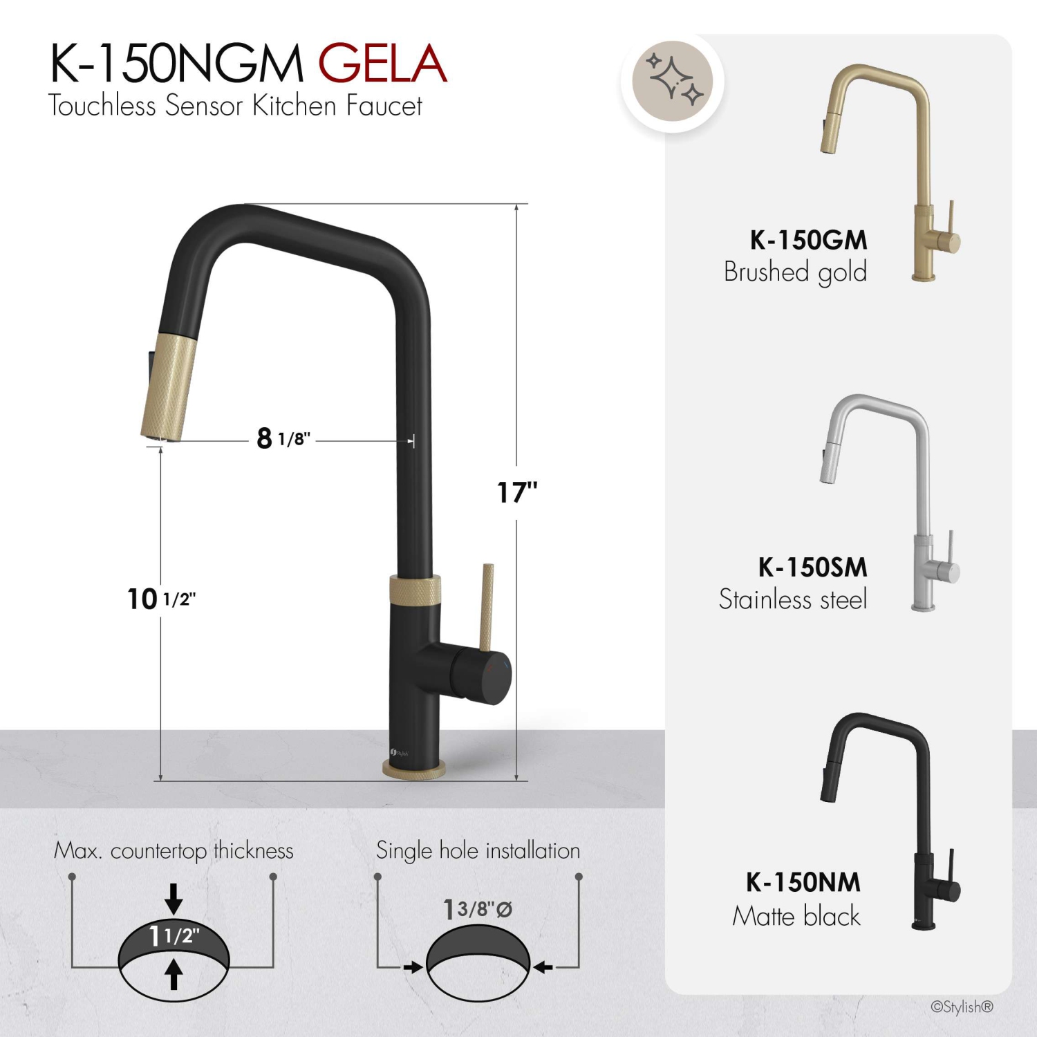 Single Handle Matte Black with Gold Pull Down Touchless Kitchen Faucet K-150NGM