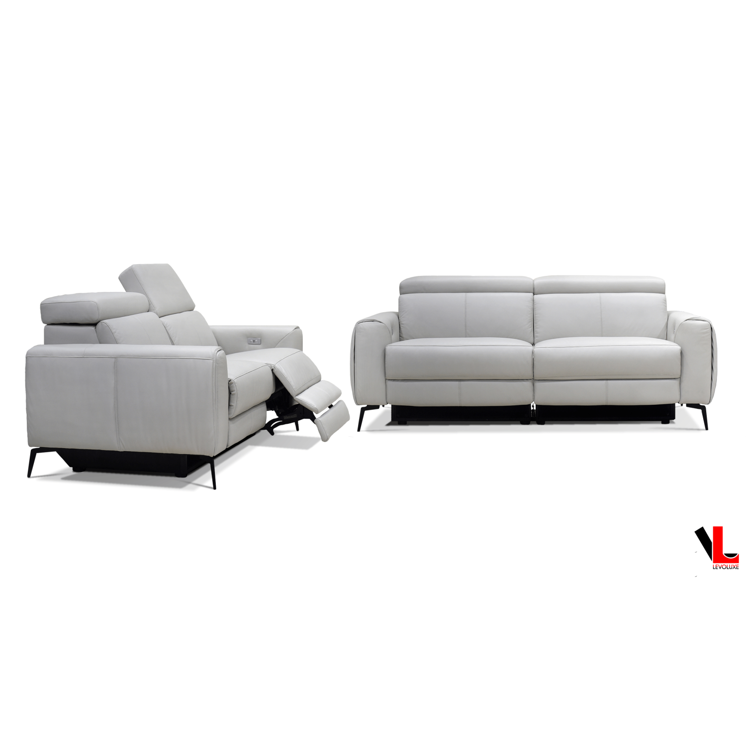 Ensemble 2 pièces avec divan et causeuse inclinables électriques Lennox de Levoluxe et appuie-tête réglables en cuir reconstitué gris pâle