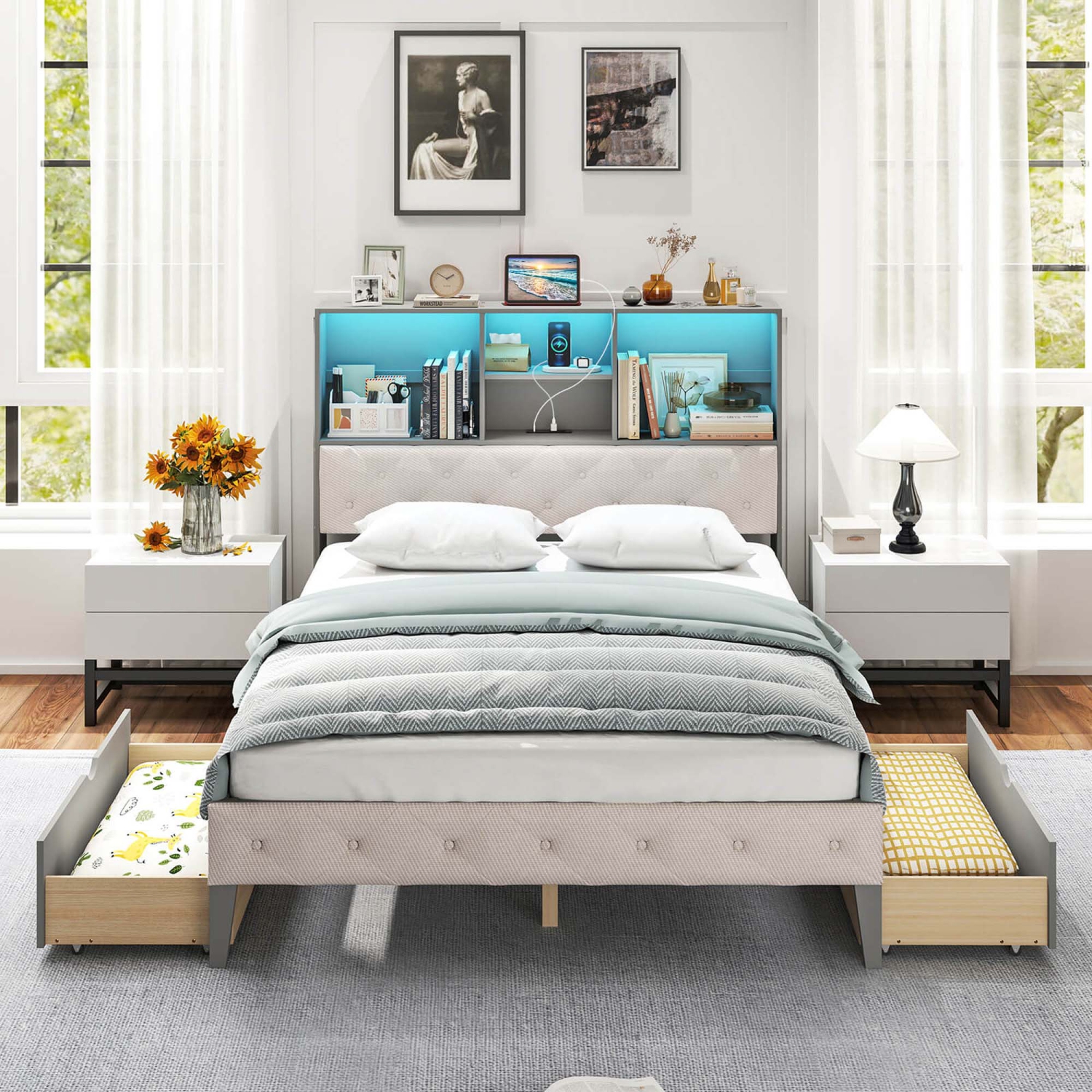 Costway Full Size Bed Frame with Bookcase Headboard Storage Bed with LED Lights Gray