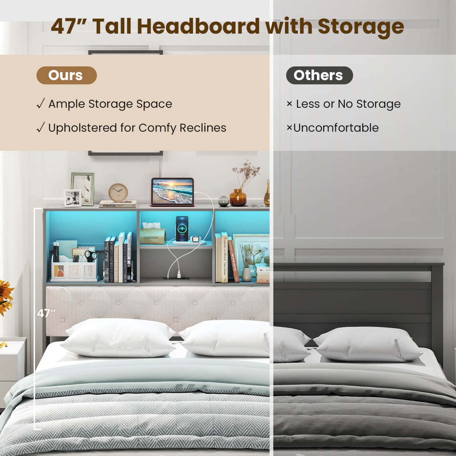 Costway Full Size Bed Frame with Bookcase Headboard Storage Bed with LED Lights Gray