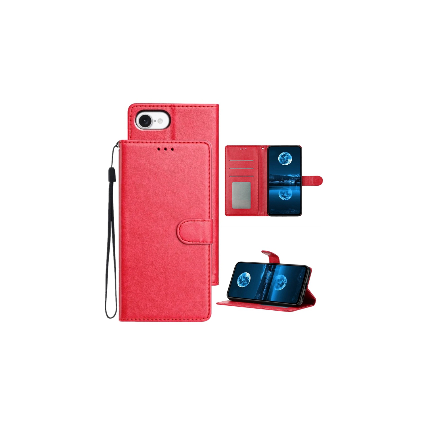 [CS] Étui portefeuille folio en cuir à rabat avec fente magnétique pour carte pour iPhone 16e, rouge