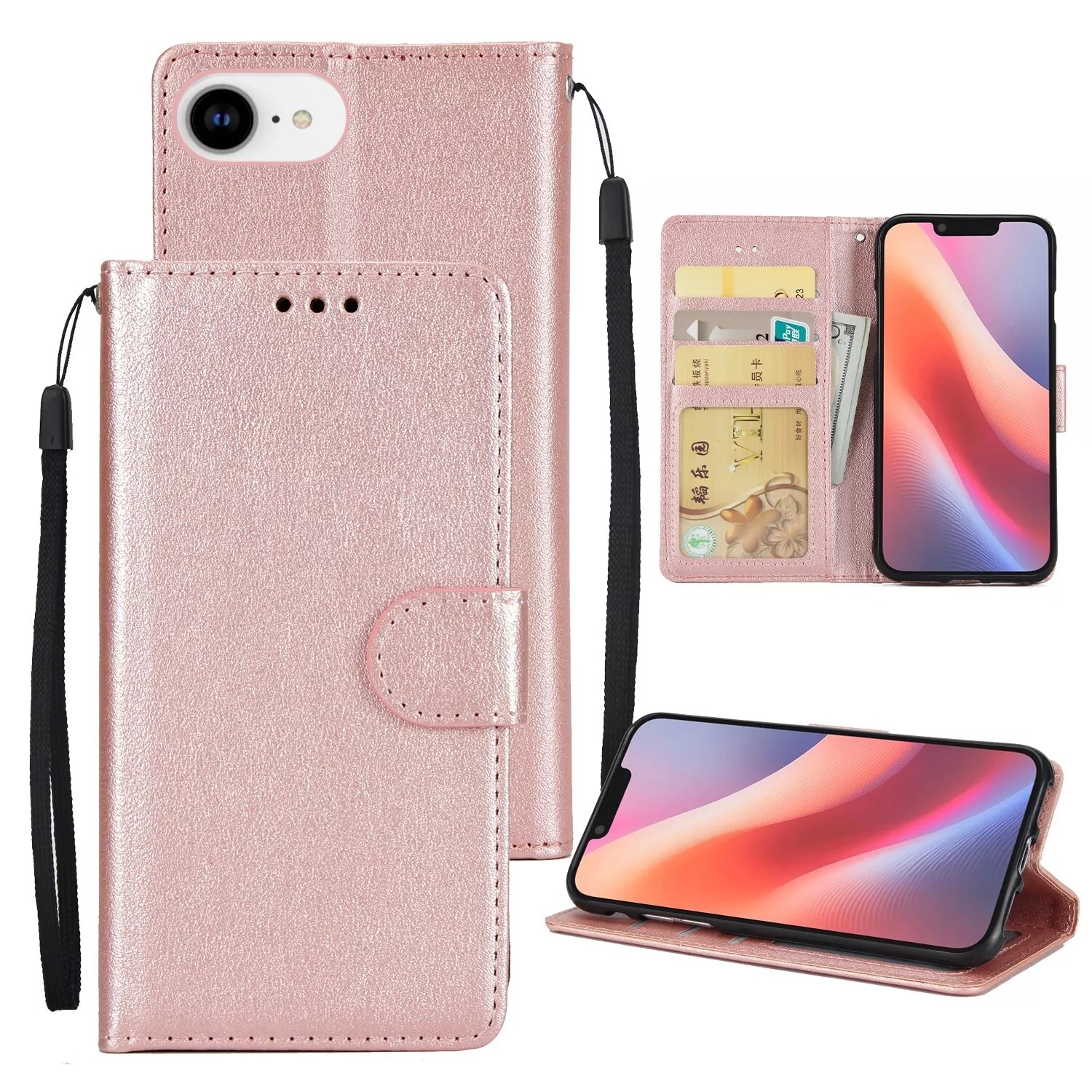 [CS] Étui portefeuille portefeuille en cuir avec fente magnétique pour carte pour iPhone 16e, rose doré