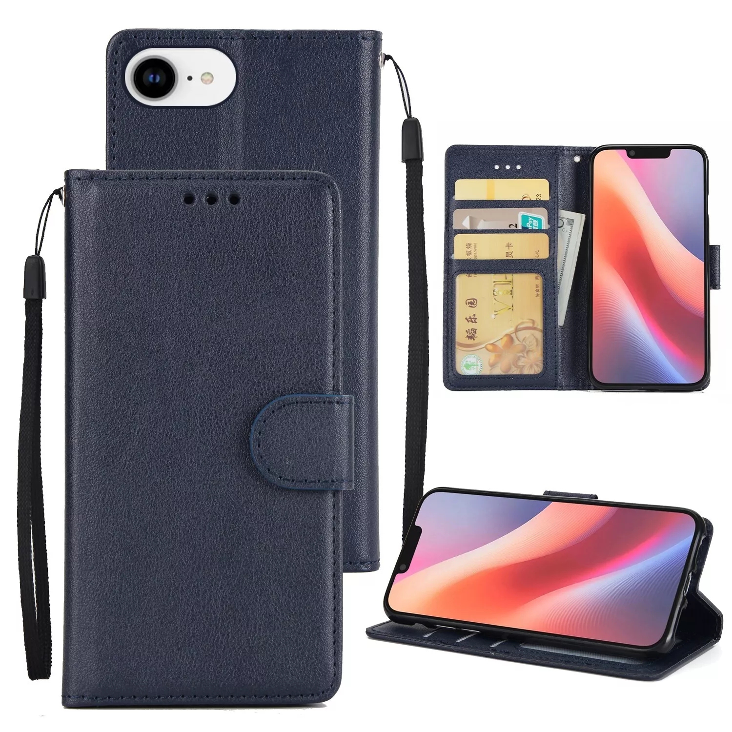 [CS] Étui portefeuille portefeuille en cuir avec fente magnétique pour carte pour iPhone 16e, bleu marine