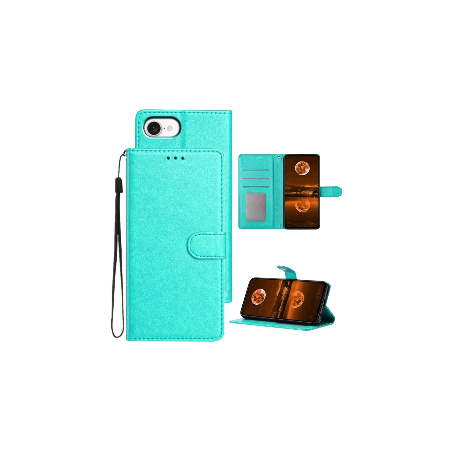 [CS] Étui portefeuille en cuir à rabat avec fente magnétique pour carte pour iPhone 16e, sarcelle