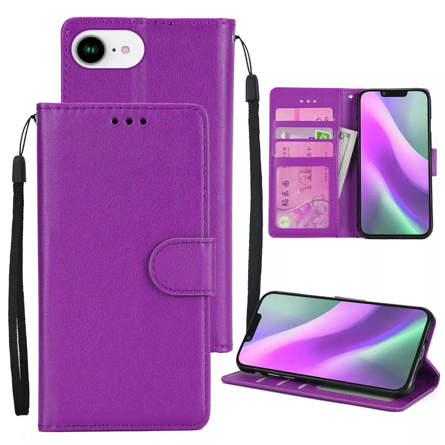 [CS] Étui portefeuille folio en cuir à rabat avec fente magnétique pour carte pour iPhone 16e, violet