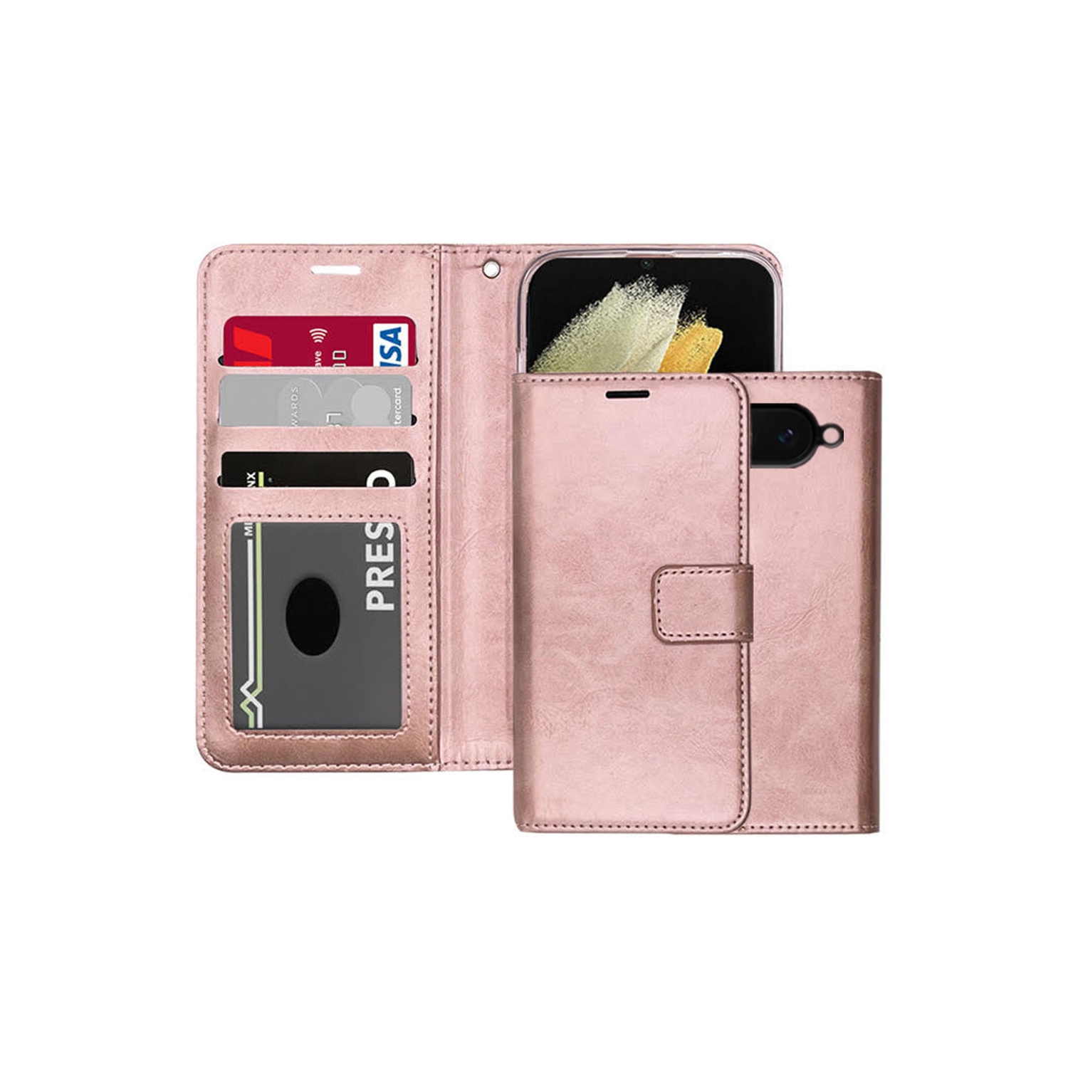 [CS] Étui portefeuille portefeuille en cuir avec fente magnétique pour carte, étui à rabat pour Google Pixel 9&nbsp;A, rose doré