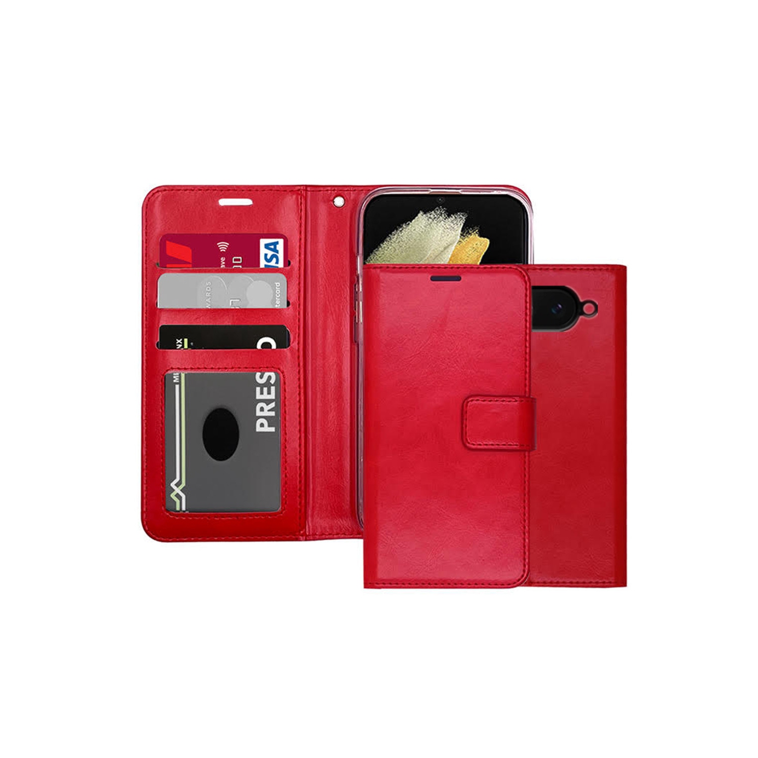 [CS] Magnetic Card Slot Leather Folio Wallet Flip Case Cover for Google Pixel 9A, Red