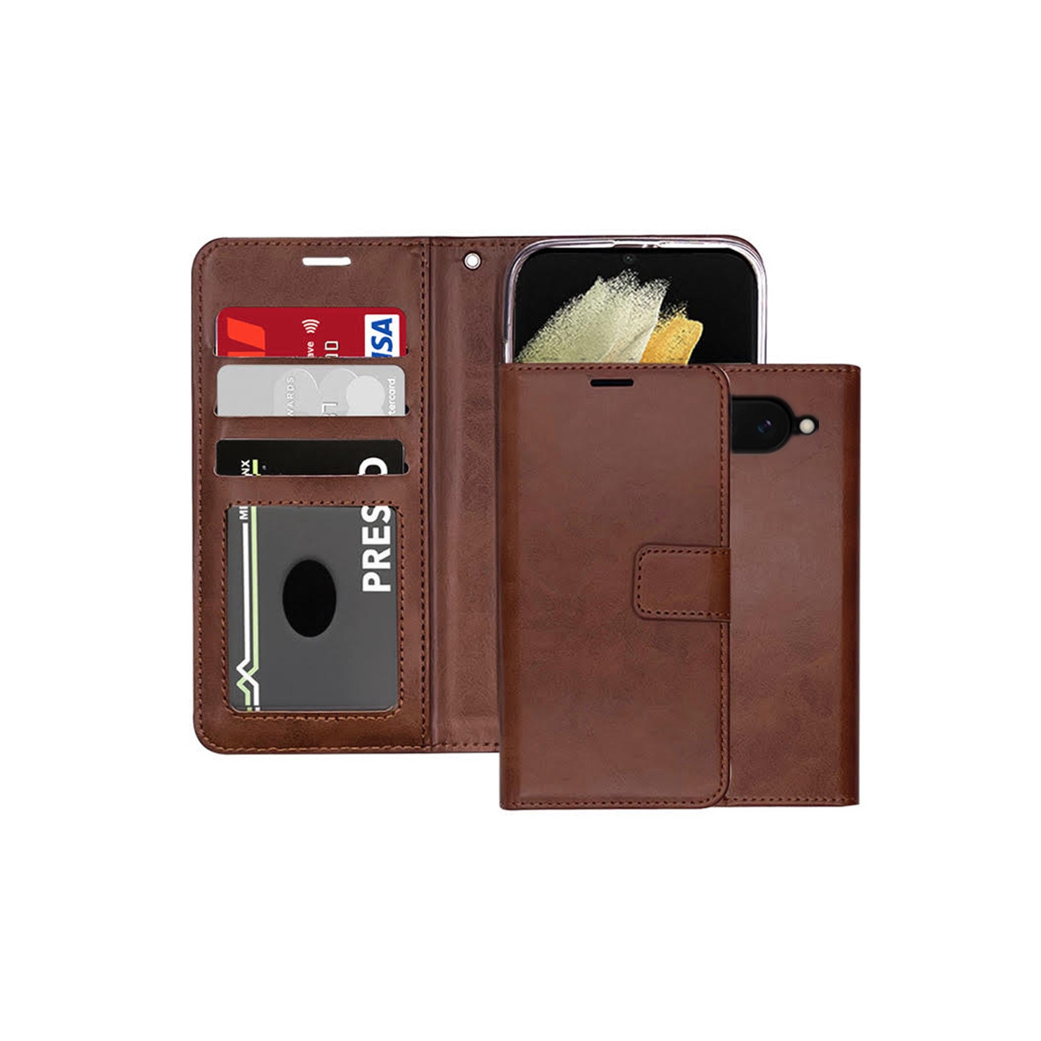 [CS] Magnetic Card Slot Leather Folio Wallet Flip Case Cover for Google Pixel 9A, Brown
