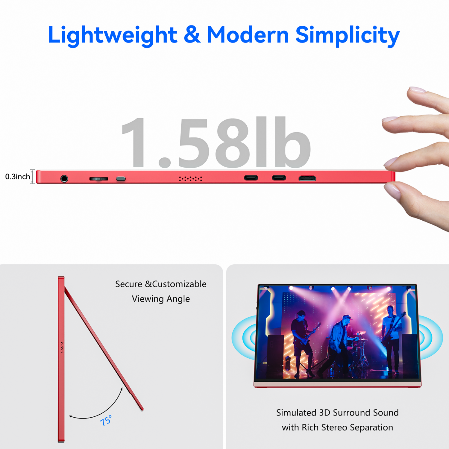 Zachvo 16Inch Red Portable Monitor for Laptop, 1920x1200P IPS 16:10 Computer External Screen, 100% sRGB Stand Support Freesync, for Girl Phone, PC