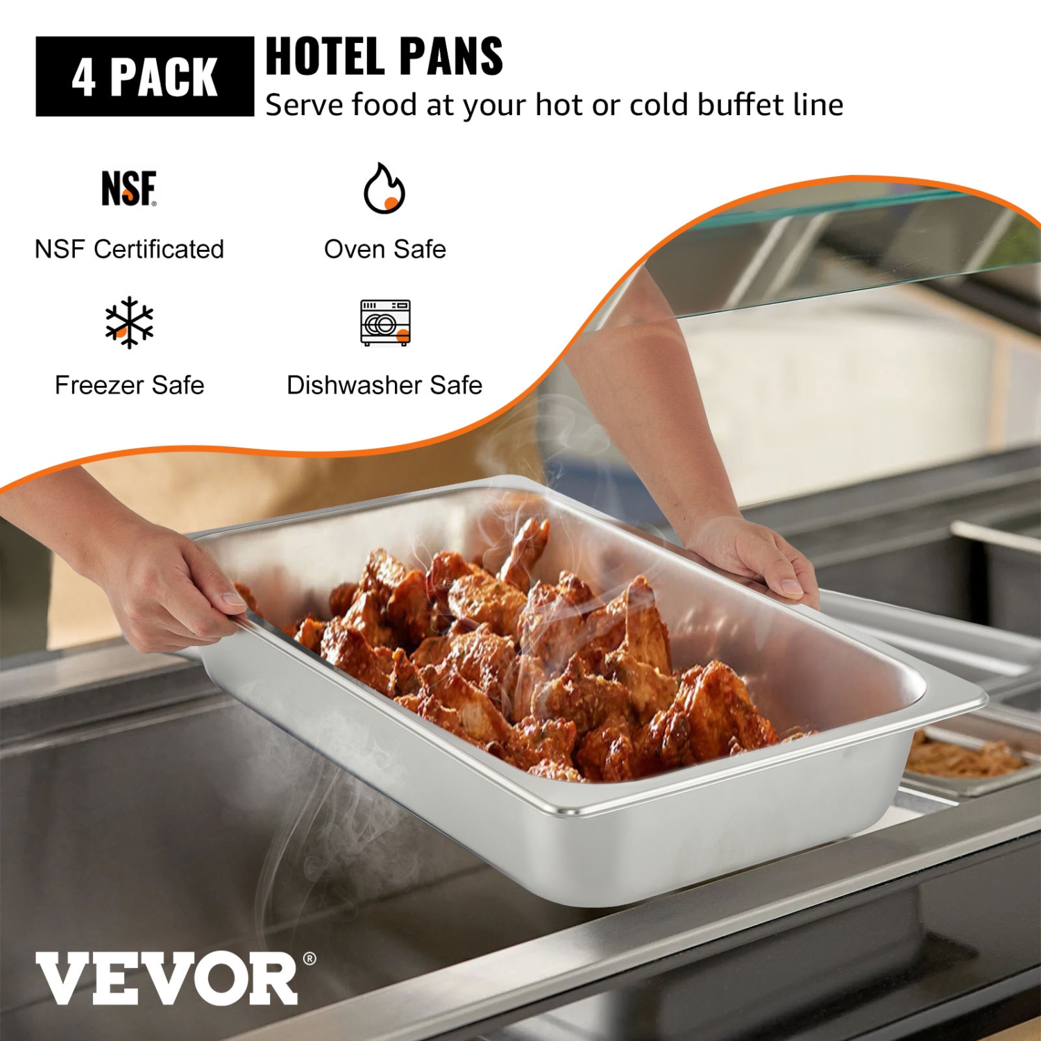 VEVOR 4 Pack Steam Table Pans 20.9 x 12.8 x 3.9 Inch Deep Steam Table Pan Full Size 13L Deep Food Container Stainless Steel Oven Tray Hotel Pans