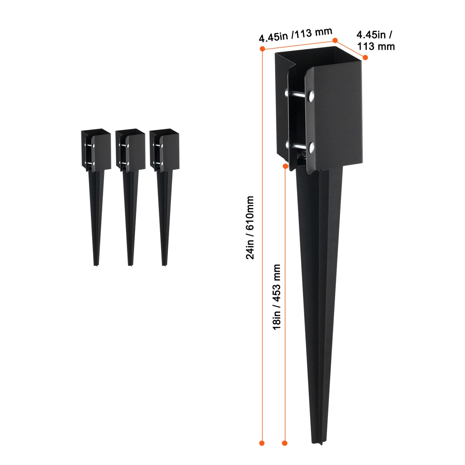 VEVOR Fence Post Anchor Ground Spike, 4 Pack 24 x 4 x 4 Inches Outer Diameter, Metal Black Powder Coated Post Stake Ground, for Deck Garden Railing