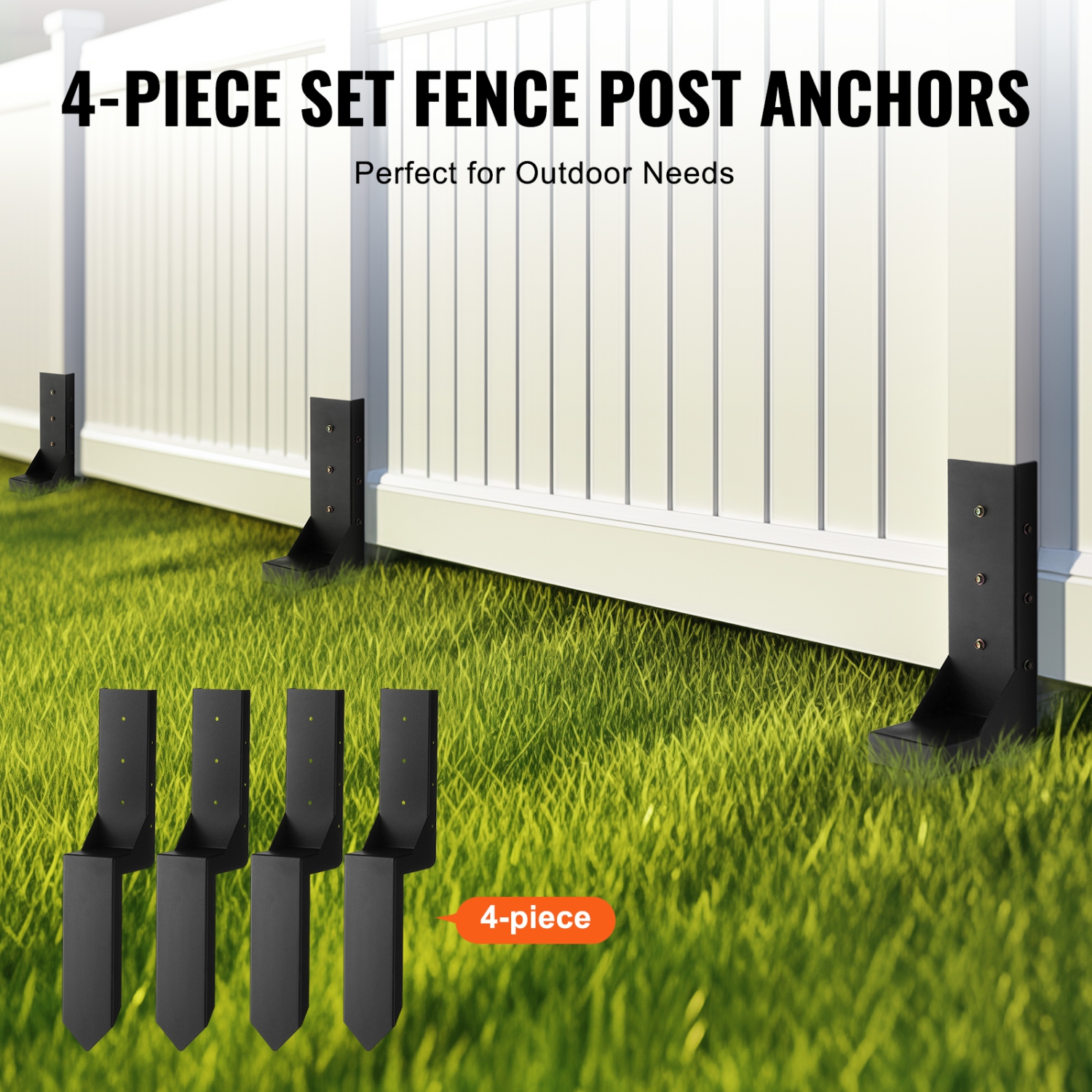 VEVOR Fence Post Anchor Repair Kit, 4 Pack Inner Diameter 3.5 x3.5 Inches Heavy Duty Steel Fence Post Support Stakes, Anchor Ground Spike for Repair