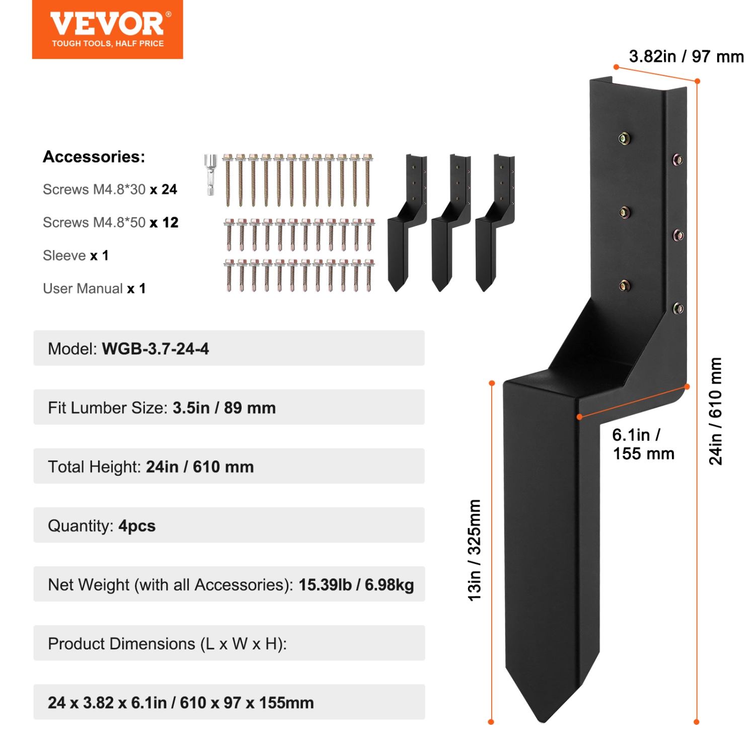 VEVOR Fence Post Anchor Repair Kit, 4 Pack Inner Diameter 3.5 x3.5 Inches Heavy Duty Steel Fence Post Support Stakes, Anchor Ground Spike for Repair