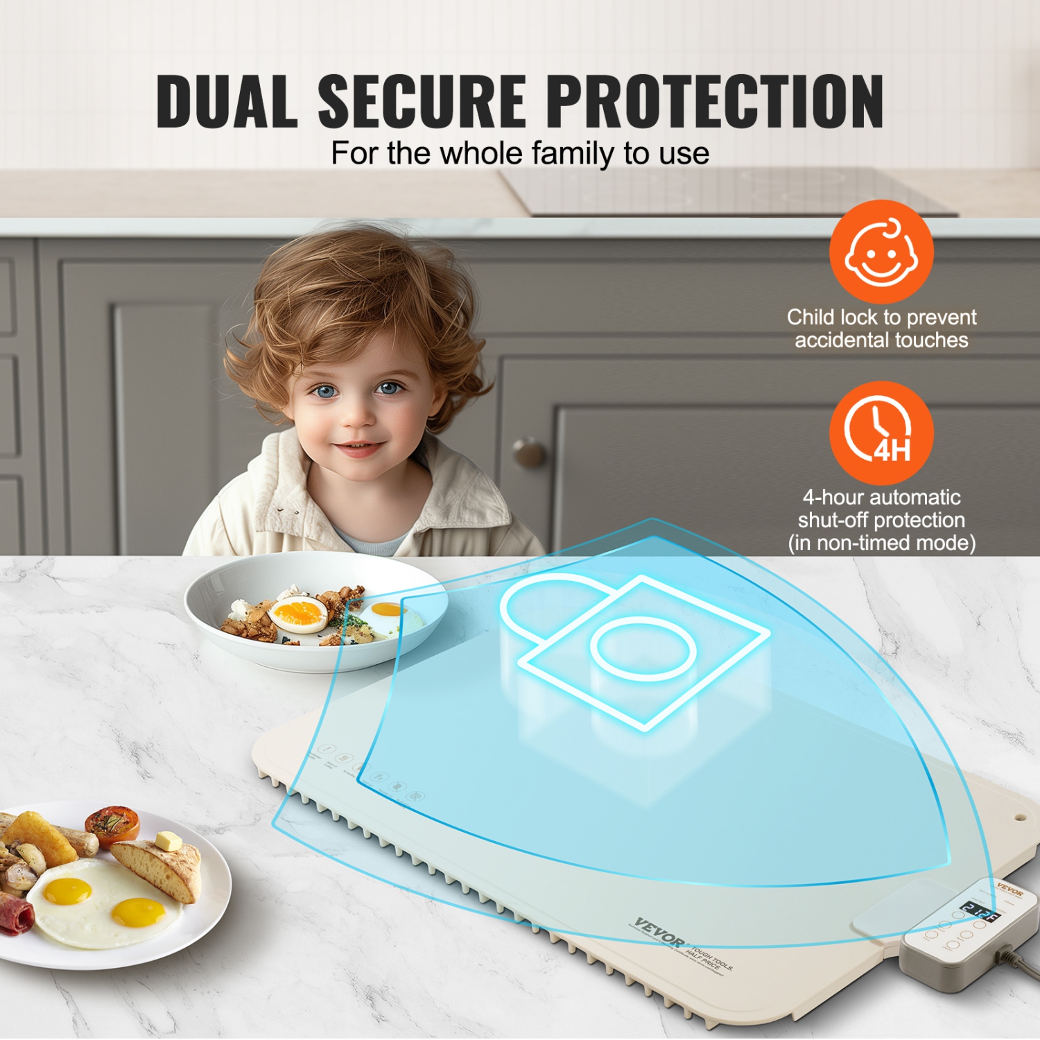 VEVOR Electric Warming Tray, Food Warming Mat, Rollable & Portable Silicone Food Warmer with 4 Adjustable Temperature Settings, Auto Shut-Off & Child