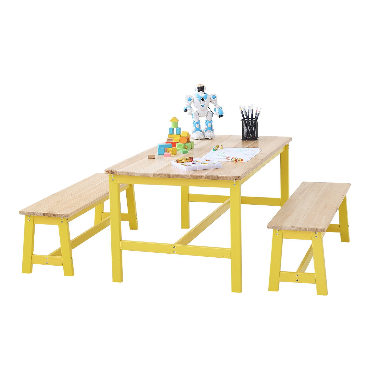 Ensemble avec table et banc pour enfants VEVOR, ensemble de 3 tables et chaises pour tout-petits, table d'activités en bois pour l'art, le bricolage,