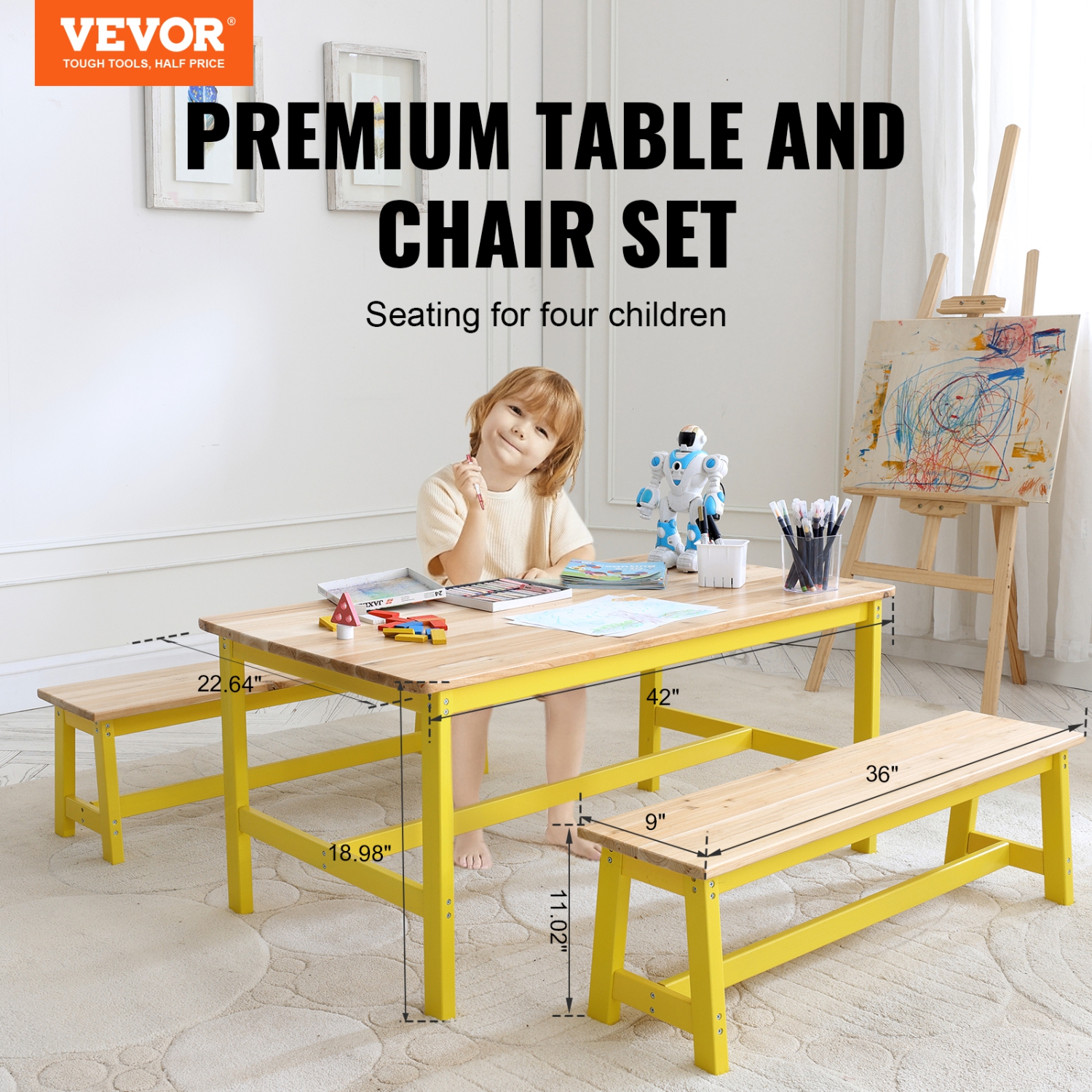Ensemble avec table et banc pour enfants VEVOR, ensemble de 3 tables et chaises pour tout-petits, table d'activités en bois pour l'art, le bricolage,