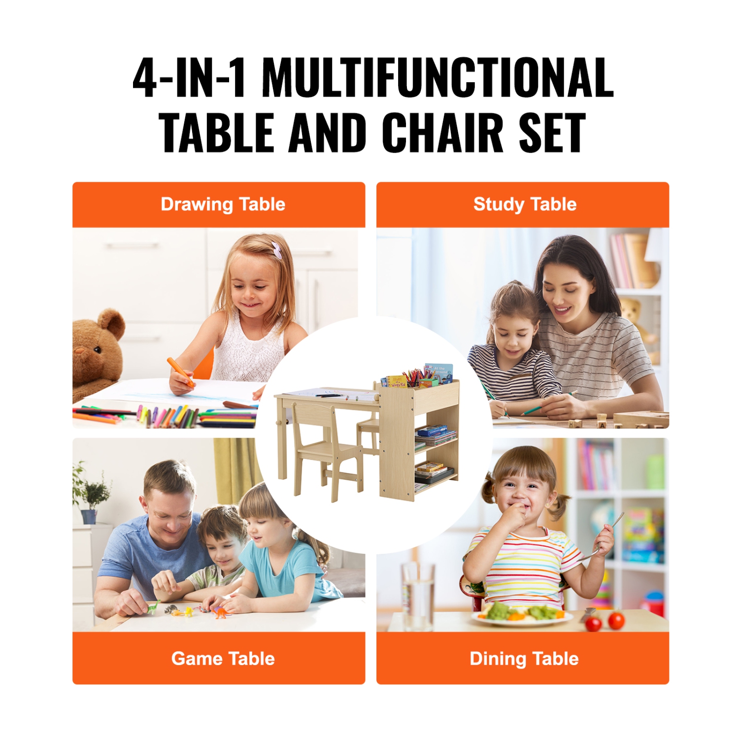 VEVOR 2-in-1 Kids Art Table and 2 Chairs, Toddler Craft and Play Activity Table, Wood Toddler Table and Chair Set with A Cabinet for Art, Craft,