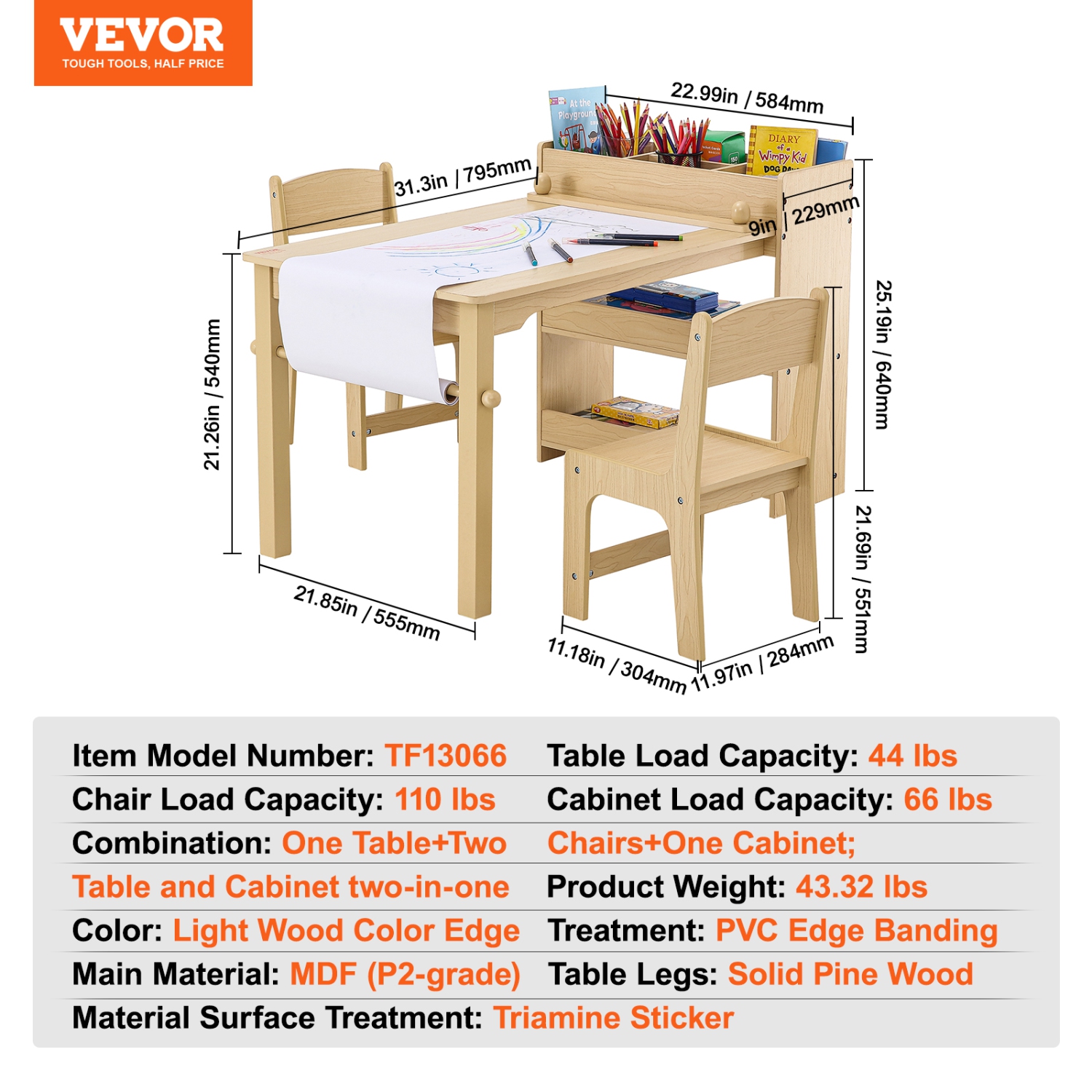 VEVOR 2-in-1 Kids Art Table and 2 Chairs, Toddler Craft and Play Activity Table, Wood Toddler Table and Chair Set with A Cabinet for Art, Craft,