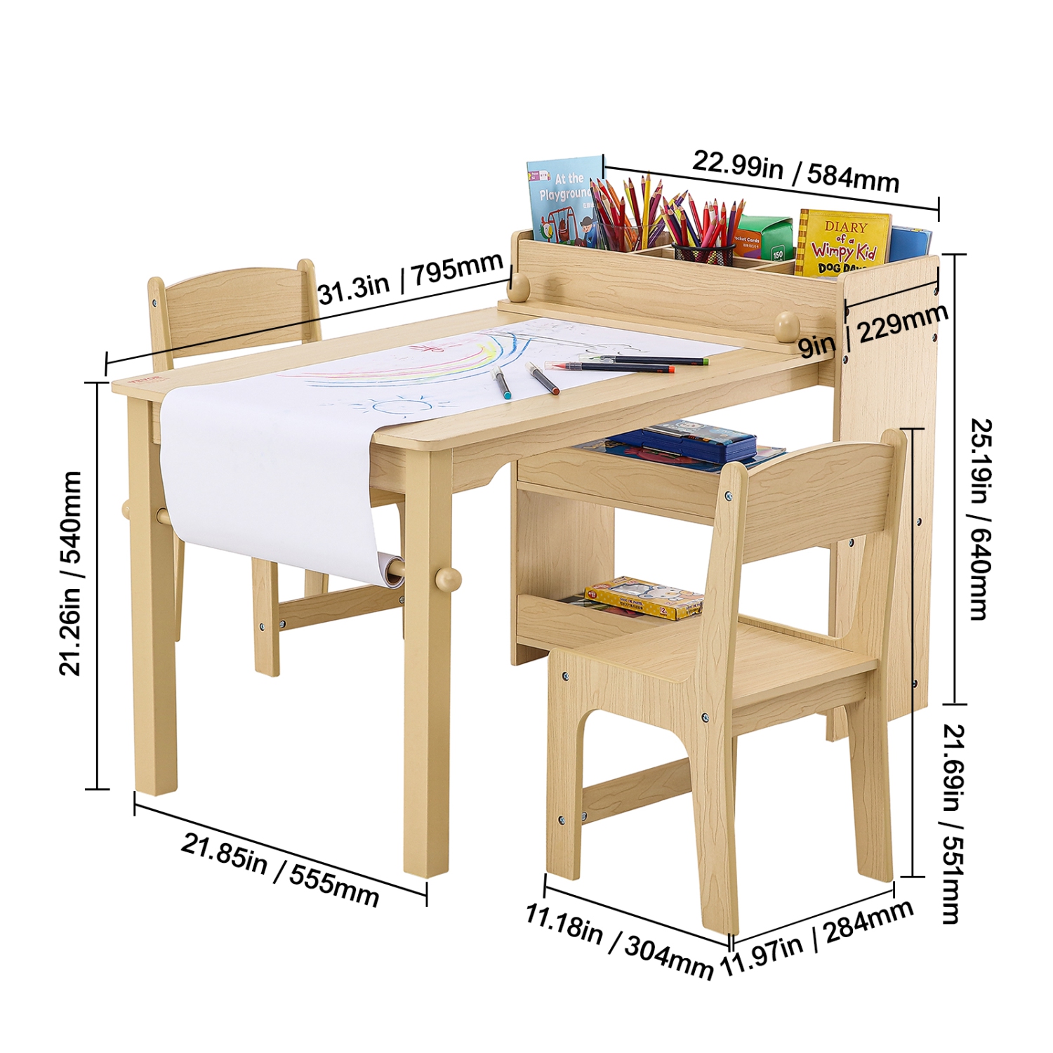 VEVOR 2-in-1 Kids Art Table and 2 Chairs, Toddler Craft and Play Activity Table, Wood Toddler Table and Chair Set with A Cabinet for Art, Craft,