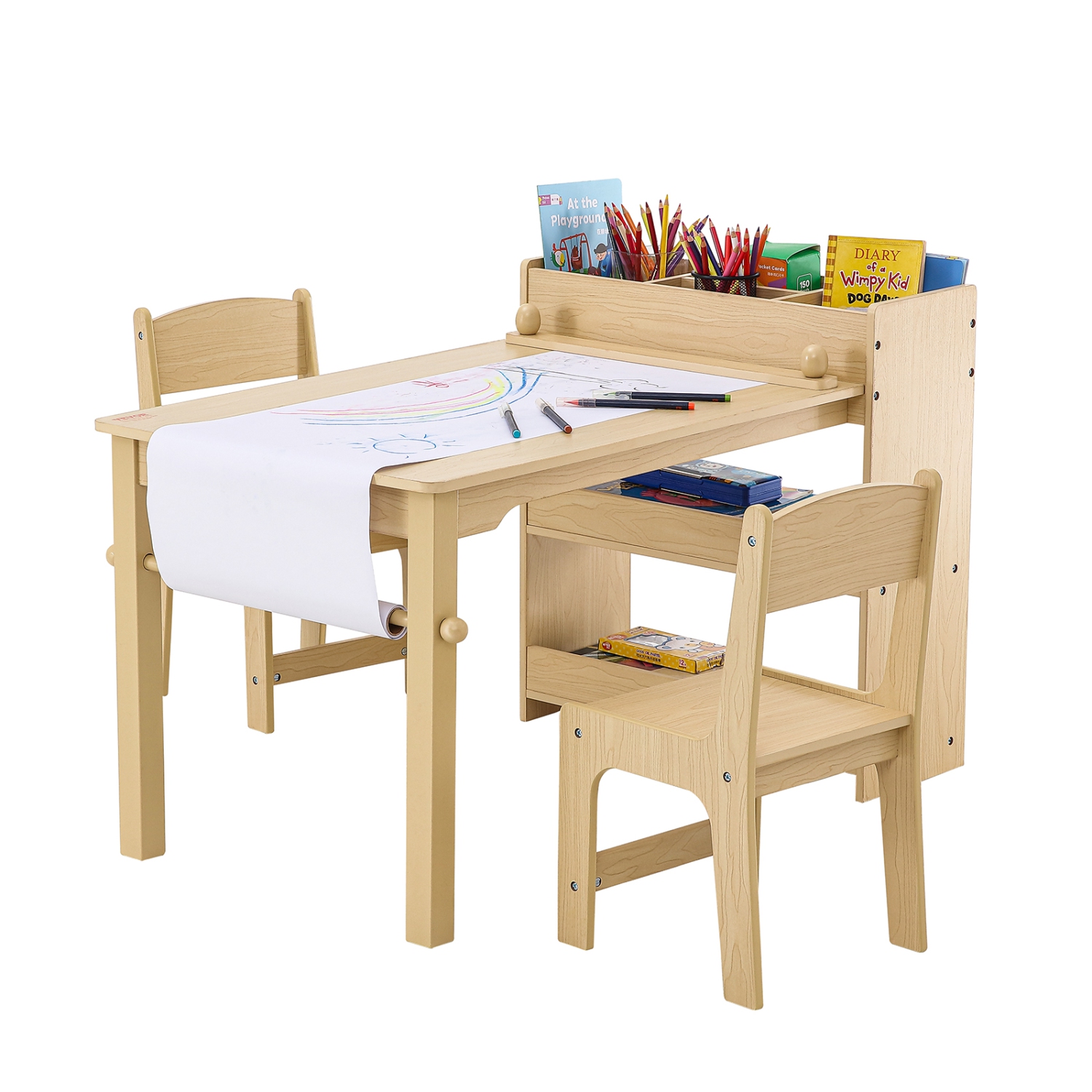 VEVOR 2-in-1 Kids Art Table and 2 Chairs, Toddler Craft and Play Activity Table, Wood Toddler Table and Chair Set with A Cabinet for Art, Craft,